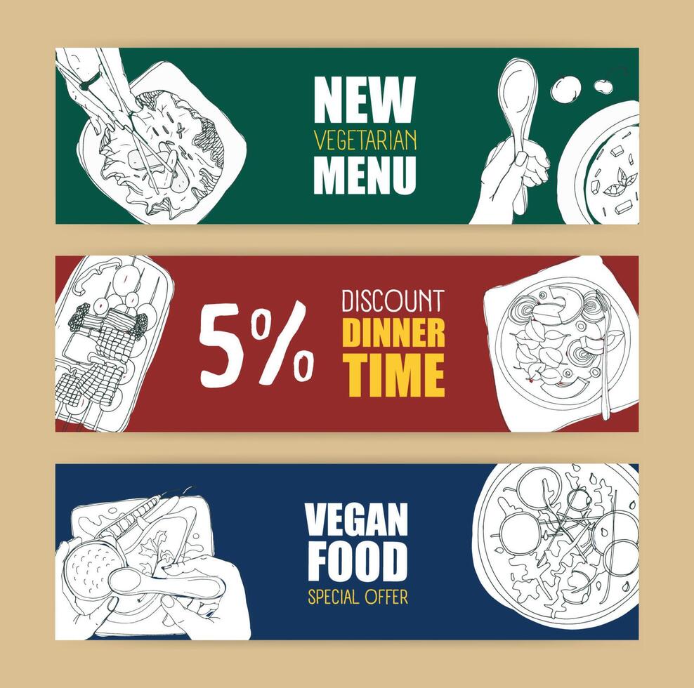 Set of colored horizontal banner templates with delicious vegan and vegetarian meals hand drawn with contour lines in monochrome colors. illustration for veggie restaurant advertisement, promo. vector