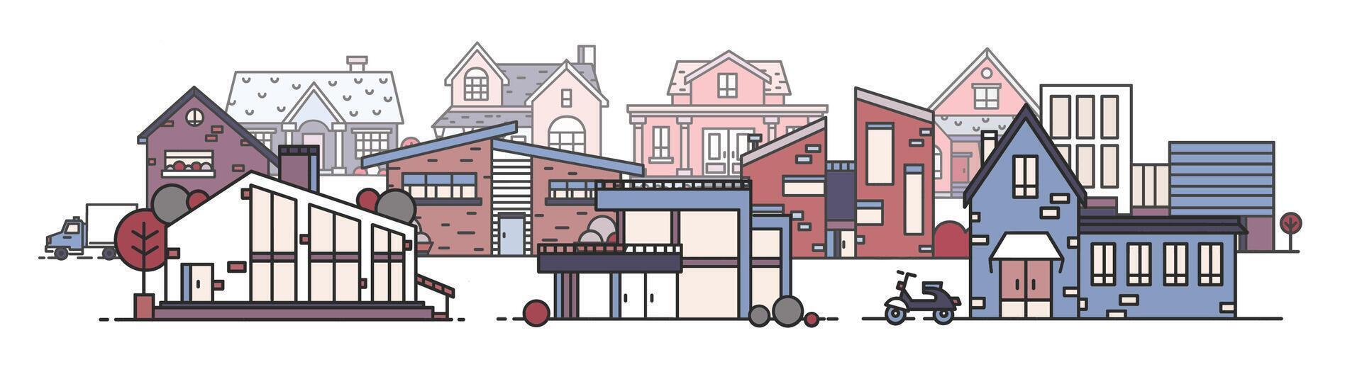 Beautiful cityscape with various city buildings built in modern architectural style. Urban landscape with different living houses. Panoramic view of town street. Colorful illustration. vector