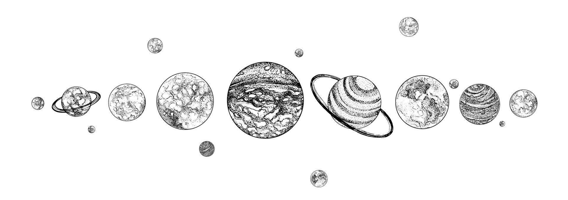 Planets lined up in row. Solar system drawn in monochrome colors. Gravitationally bound celestial bodies in outer space. Natural cosmic objects arranged in horizontal line. illustration. vector