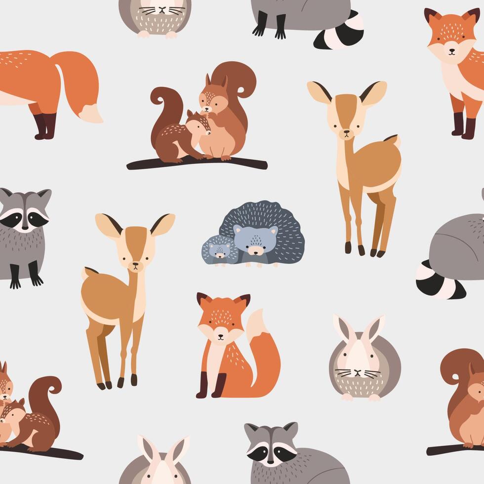 Seamless pattern with different cute cartoon forest animals on white background - squirrel, hedgehog, fox, deer, rabbit, raccoon. Flat illustration for textile print, wallpaper, wrapping paper. vector