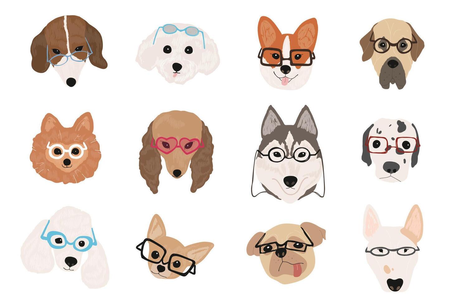colección de linda perros de varios razas vistiendo lentes y Gafas de sol de diferente estilos. haz de gracioso dibujos animados mascota animal caras o cabezas aislado en blanco antecedentes. ilustración. vector