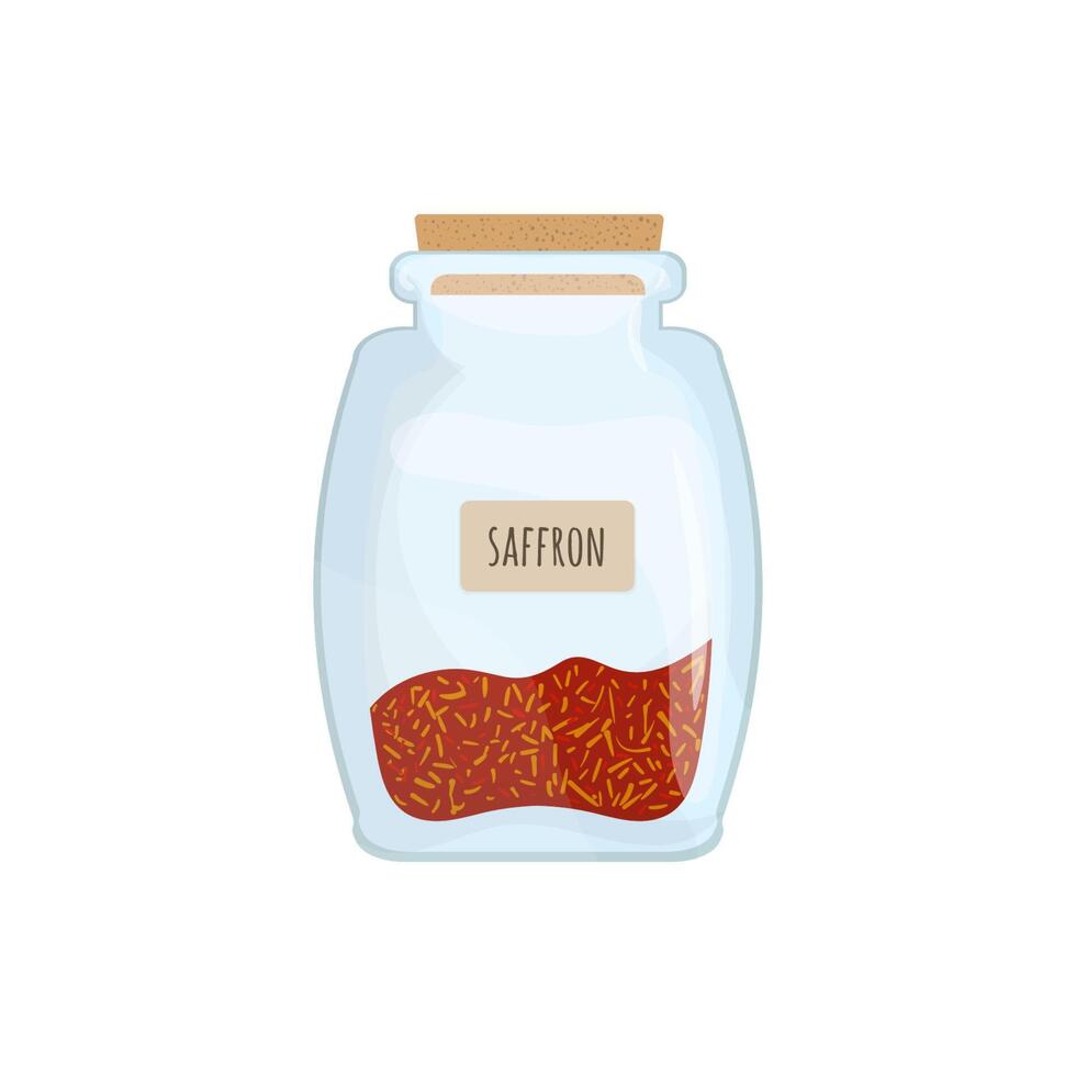 azafrán Preservado en vaso tarro aislado en blanco antecedentes. picante condimento, oriental comida especia, picante Cocinando ingrediente almacenado en claro cocina maceta o envase. vistoso ilustración. vector