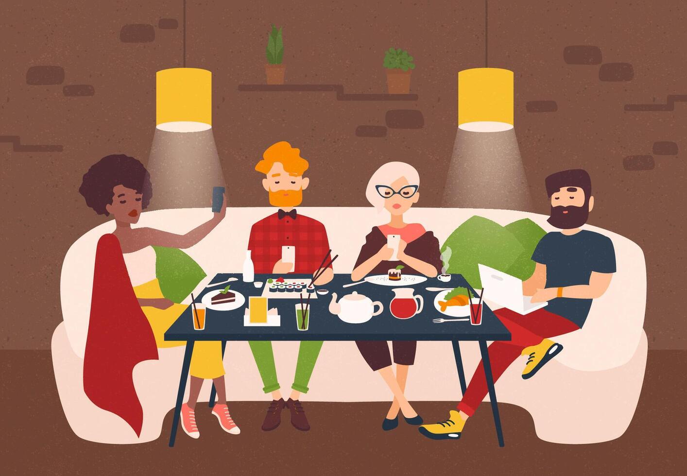 People dressed in stylish clothing sitting at restaurant table and staring at screens of their laptop and smartphones. Concept of addiction to electronic devices and gadgets. illustration. vector