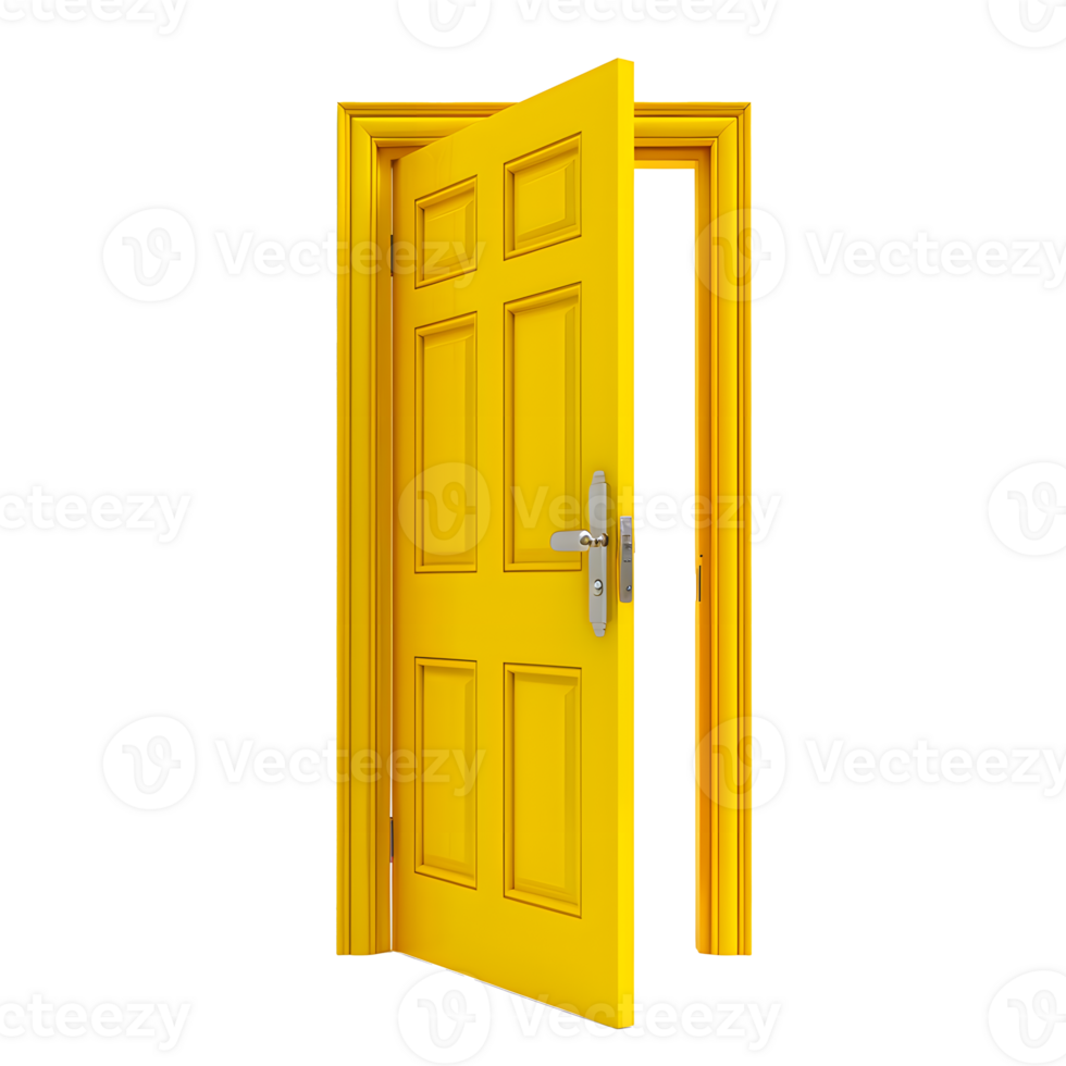 A vivid solid colored opened door on a transparent background png