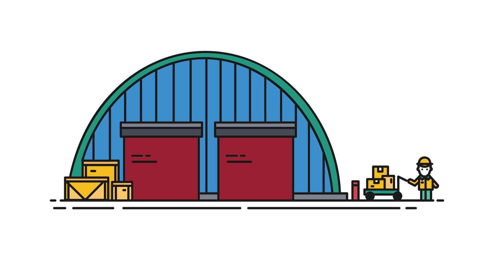 Warehouse with round roof, roller shutters and worker with manual trolley. Commercial building for storage of goods isolated on white background. Modern illustration in line art style. vector