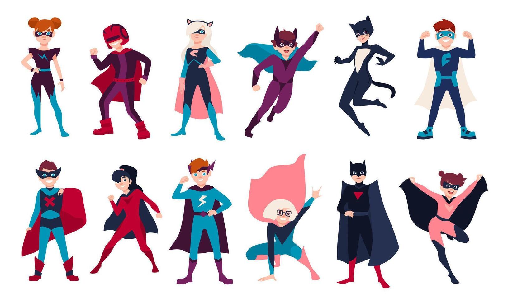 Bundle of kids superheroes. Bundle of boys and girls with super powers. Set of children cartoon or comic characters wearing tight-fitting costumes and capes. Colorful flat illustration. vector