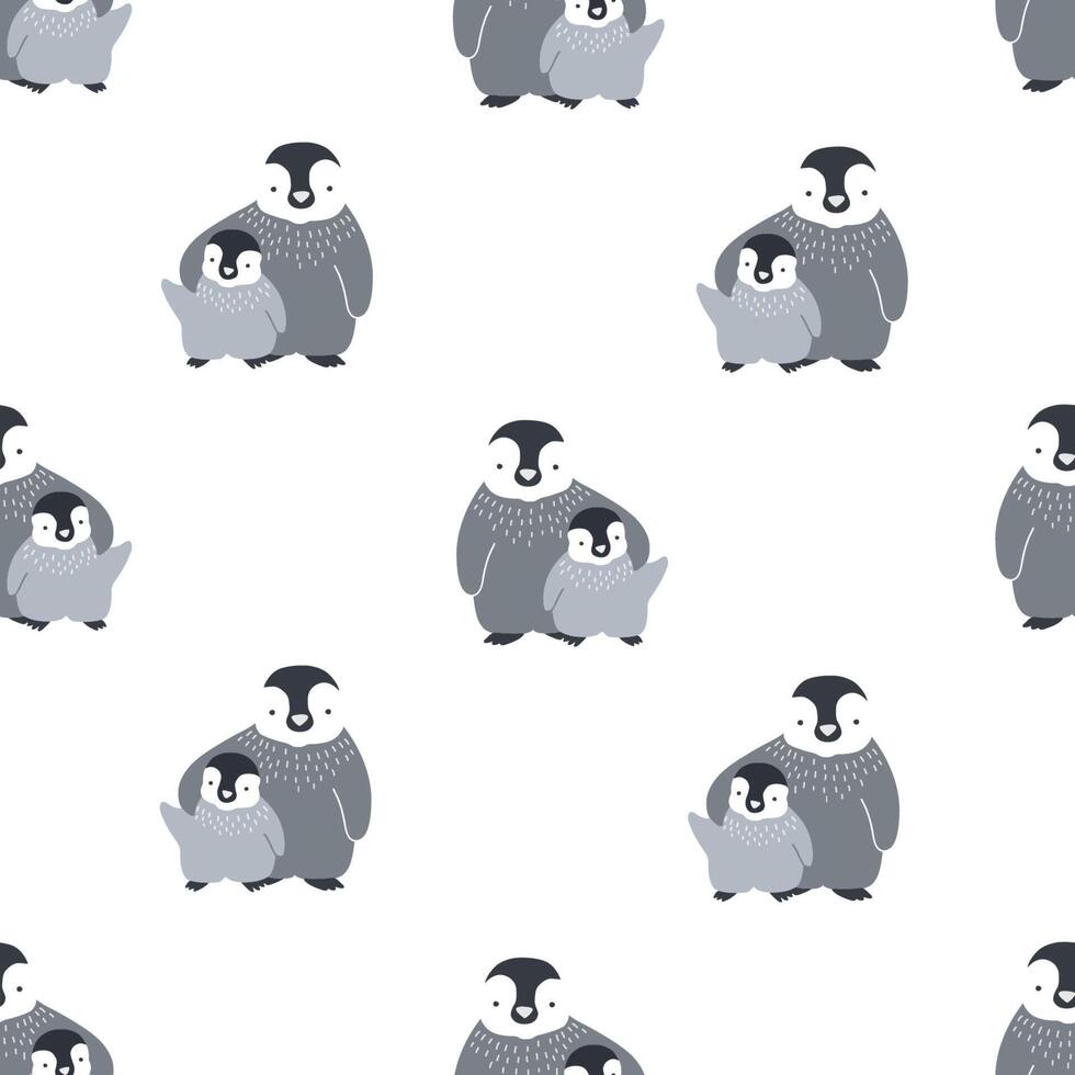 monocromo sin costura modelo con linda par de abrazando madre y bebé pingüinos en blanco antecedentes. gracioso plano dibujos animados ártico aves. ilustración para fondo de pantalla, textil imprimir, fondo. vector