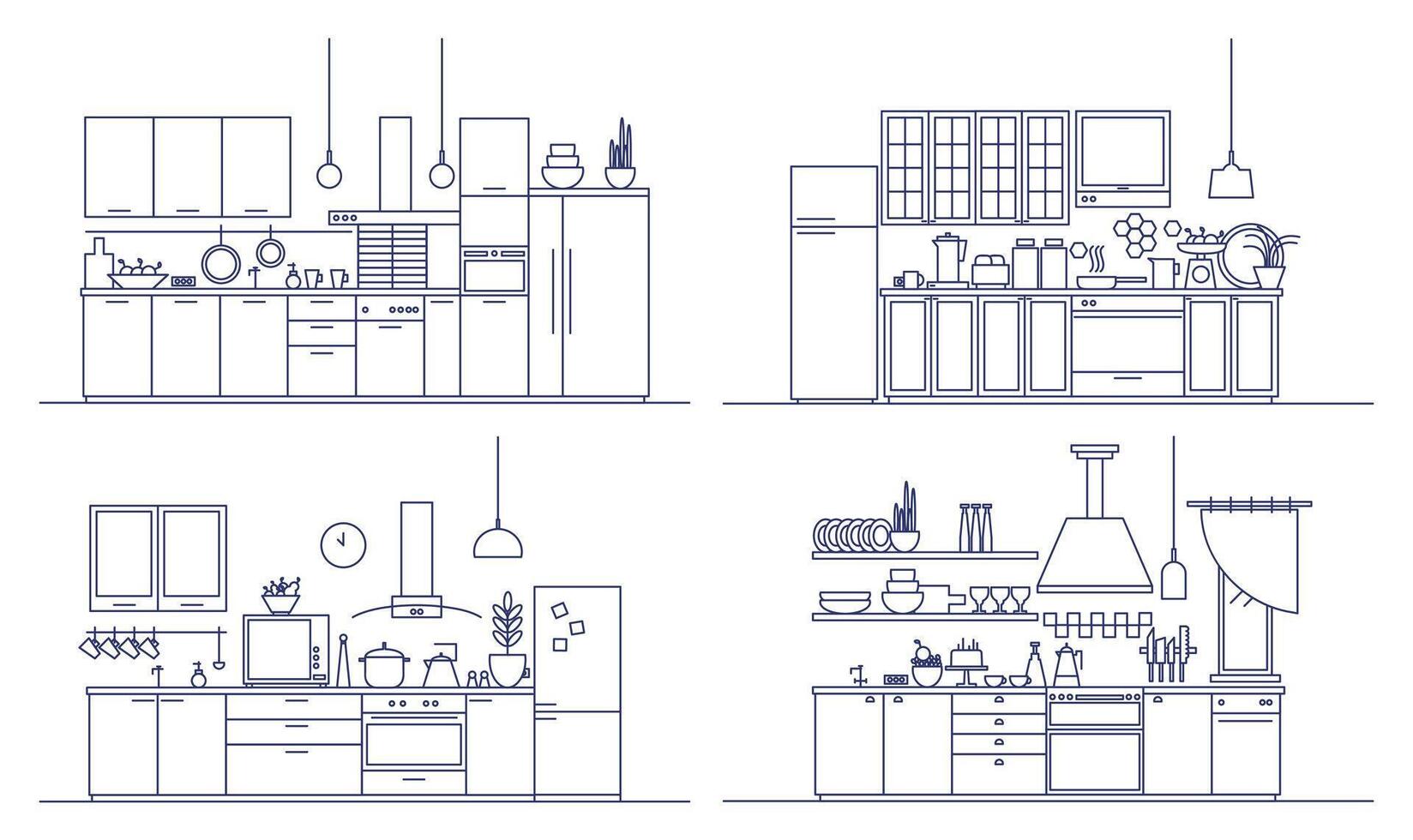 Set of kitchens furnished with modern furniture, household appliances, cooking facilities and home decorations. Bundle of comfy interiors drawn in line art style. Monochrome illustration. vector