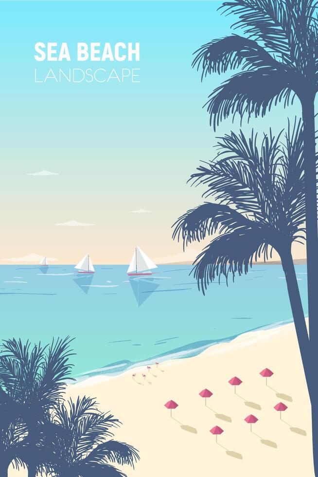 Gorgeous seascape with palm silhouettes, sand beach, pink umbrellas and sail yachts floating in ocean. Seaside landscape with sandy seashore and boats on horizon. Exotic journey. illustration. vector