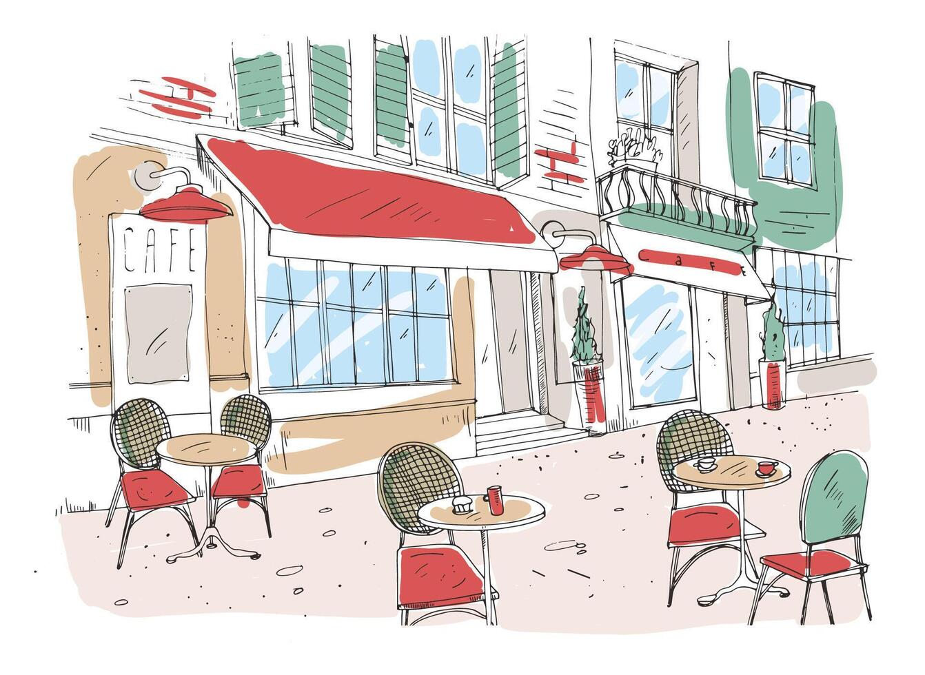 Colored drawing of summer sidewalk cafe, coffeehouse or restaurant with tables and chairs standing on city street beside gorgeous antique building with awning. Colorful hand drawn illustration. vector