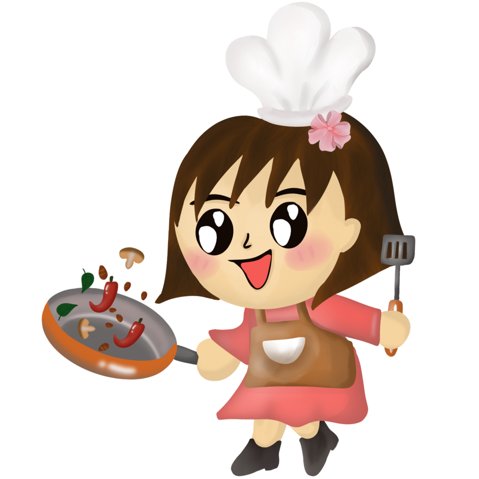 cartoon girl cooking with a frying pan png
