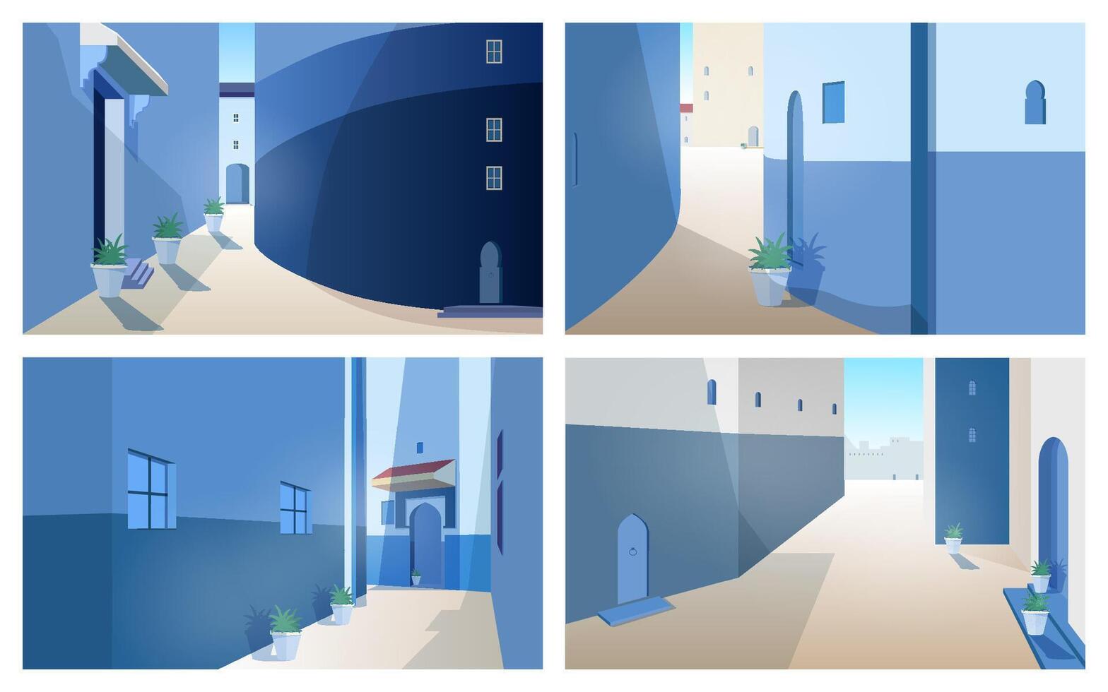 Collection of beautiful Morocco landscapes with building walls, doors of traditional shape, outdoor plants growing in pots. Set of gorgeous street views of ancient Moroccan city. illustration. vector