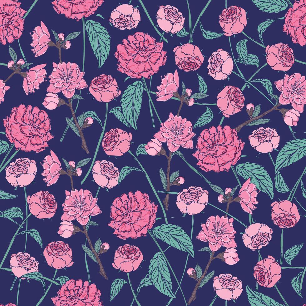 Elegant floral seamless pattern with beautiful roses on dark background. Gorgeous backdrop with pink flowers hand drawn in antique style. Botanical illustration for textile print, wallpaper. vector