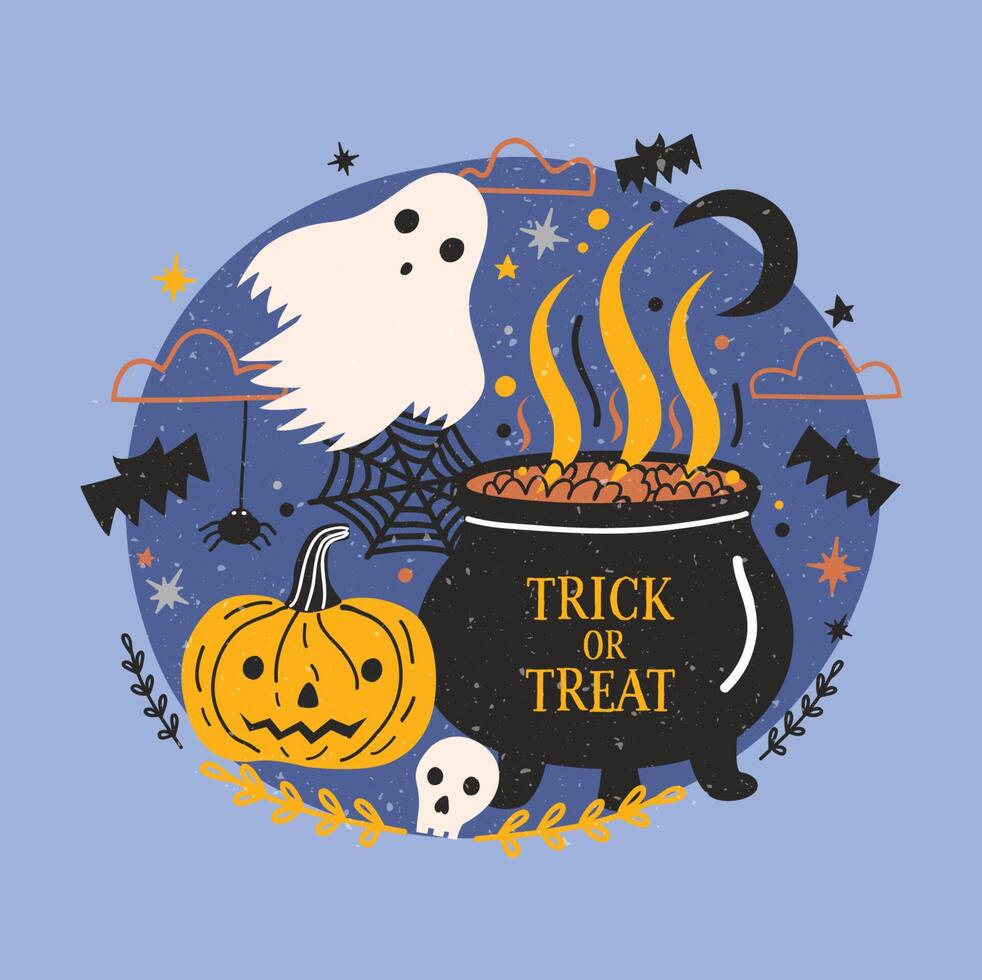 Halloween banner with funny spooky ghost, pumpkin or jack-o'-lantern, skull and witch pot with brewing potion against dark starry night sky on background. Trick or treat. Cartoon illustration. vector