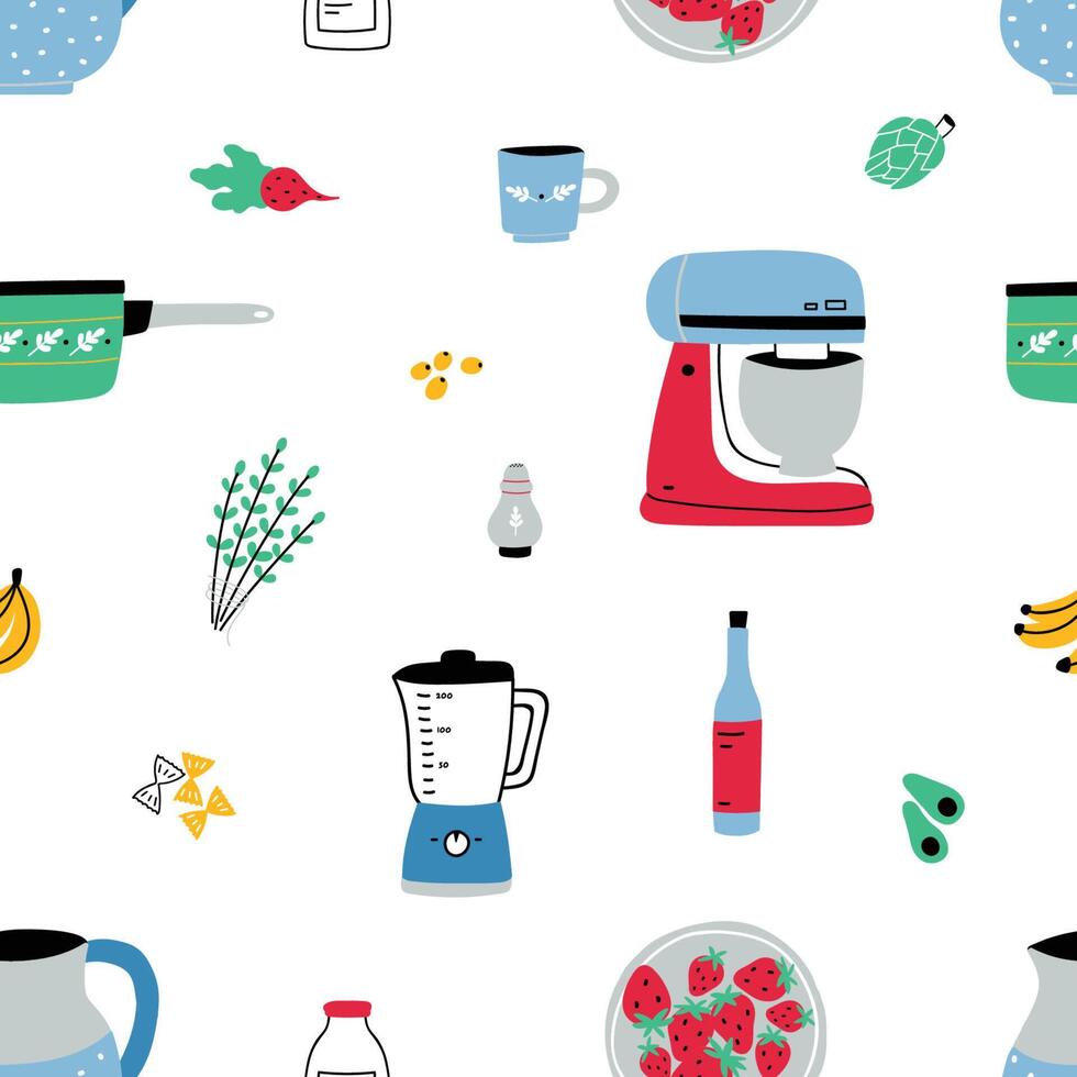 Seamless pattern with hand drawn kitchen utensils, manual and electric tools for home cooking, cookware, food ingredients and spices for homemade meals on white background. illustration. vector