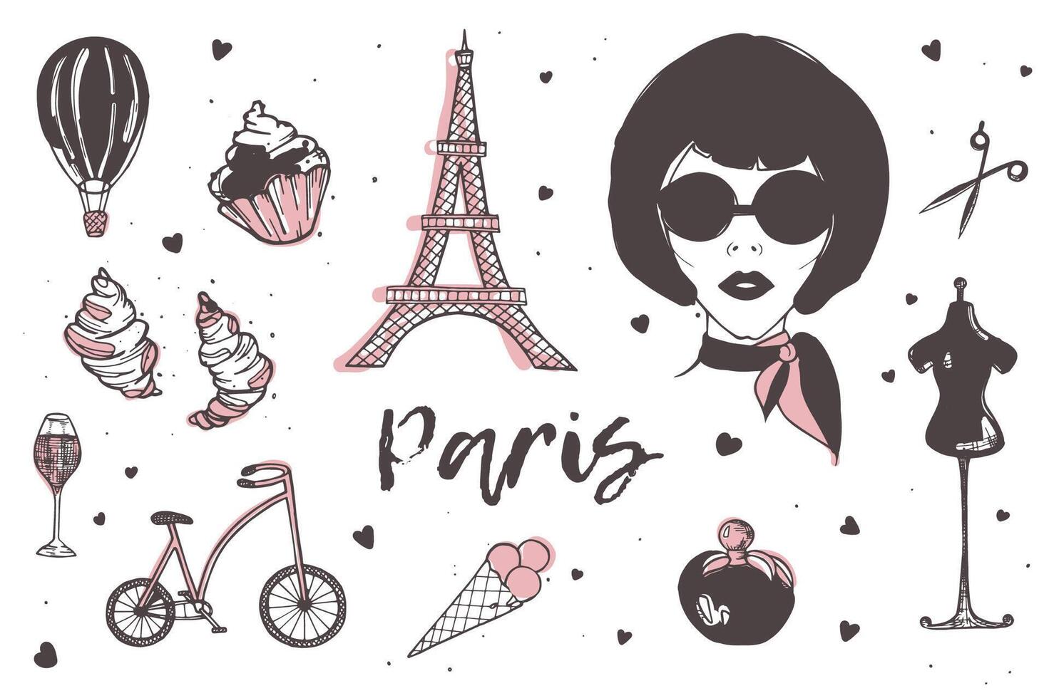 Set of Paris and France elements - stylish Parisian woman, perfume, french croissant, Eiffel Tower, glass of champagne hand drawn in doodle style and isolated on white background. illustration. vector