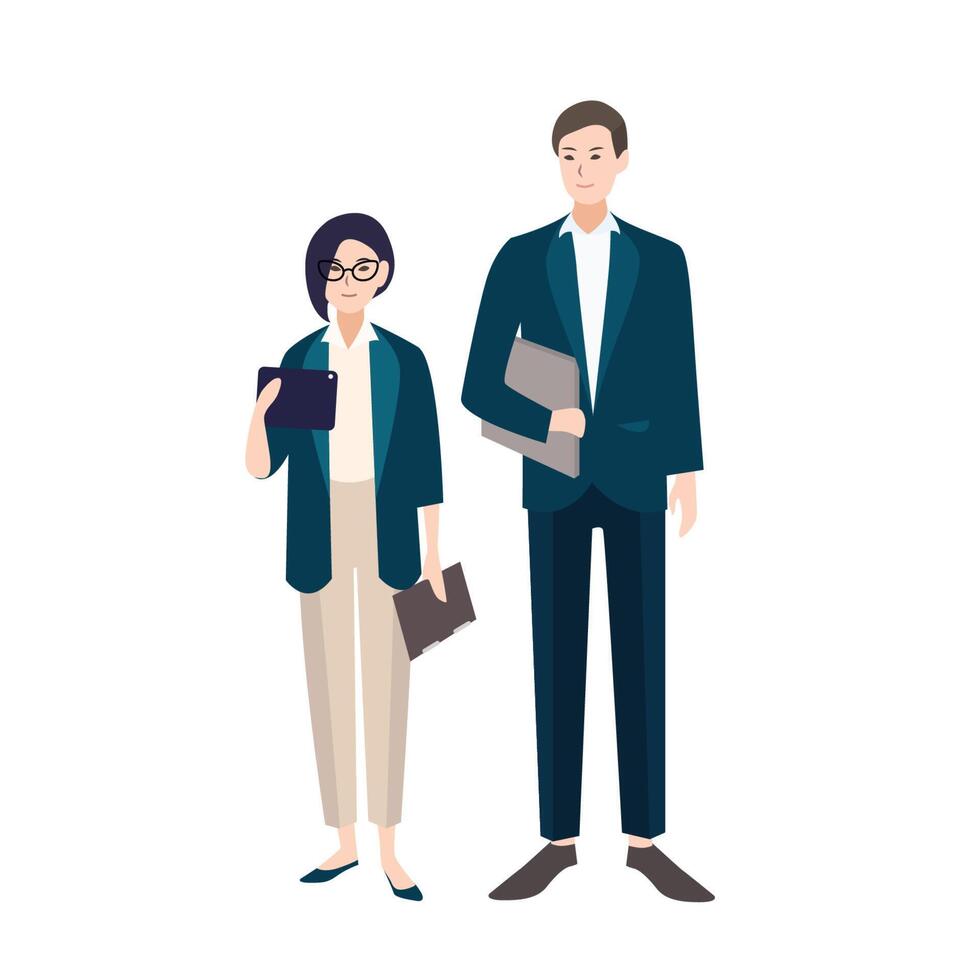 Couple of people dressed in business clothes or smart suits. Pair of male and female clerks or office workers isolated on white background. Flat colorful cartoon characters. illustration. vector