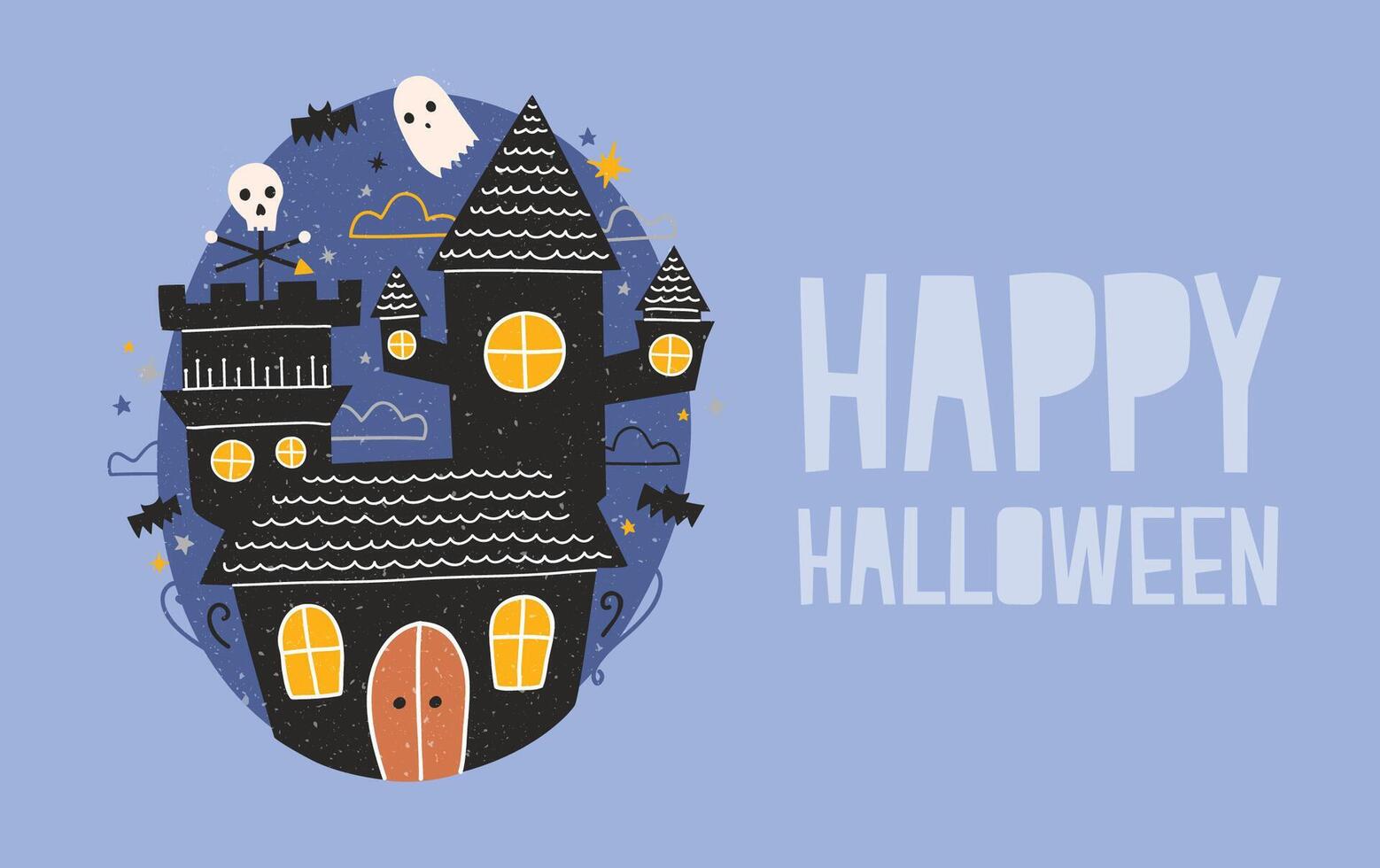 Happy Halloween horizontal holiday banner with gloomy haunted castle, funny ghosts and bats flying against dark starry night sky on background. Creepy cartoon scene. Festive illustration. vector