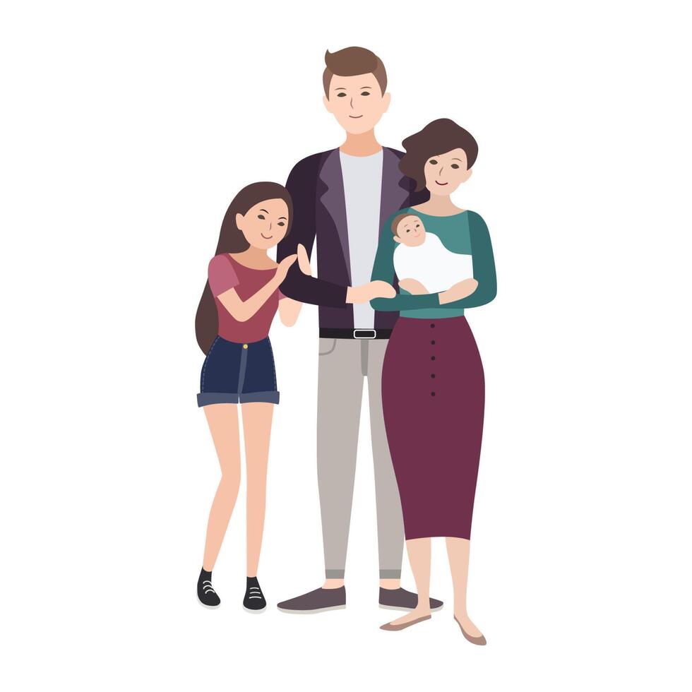 Portrait of happy loving family. Father, mother holding newborn child and teenage daughter standing together isolated on white background. Cute flat cartoon characters. Colorful illustration. vector