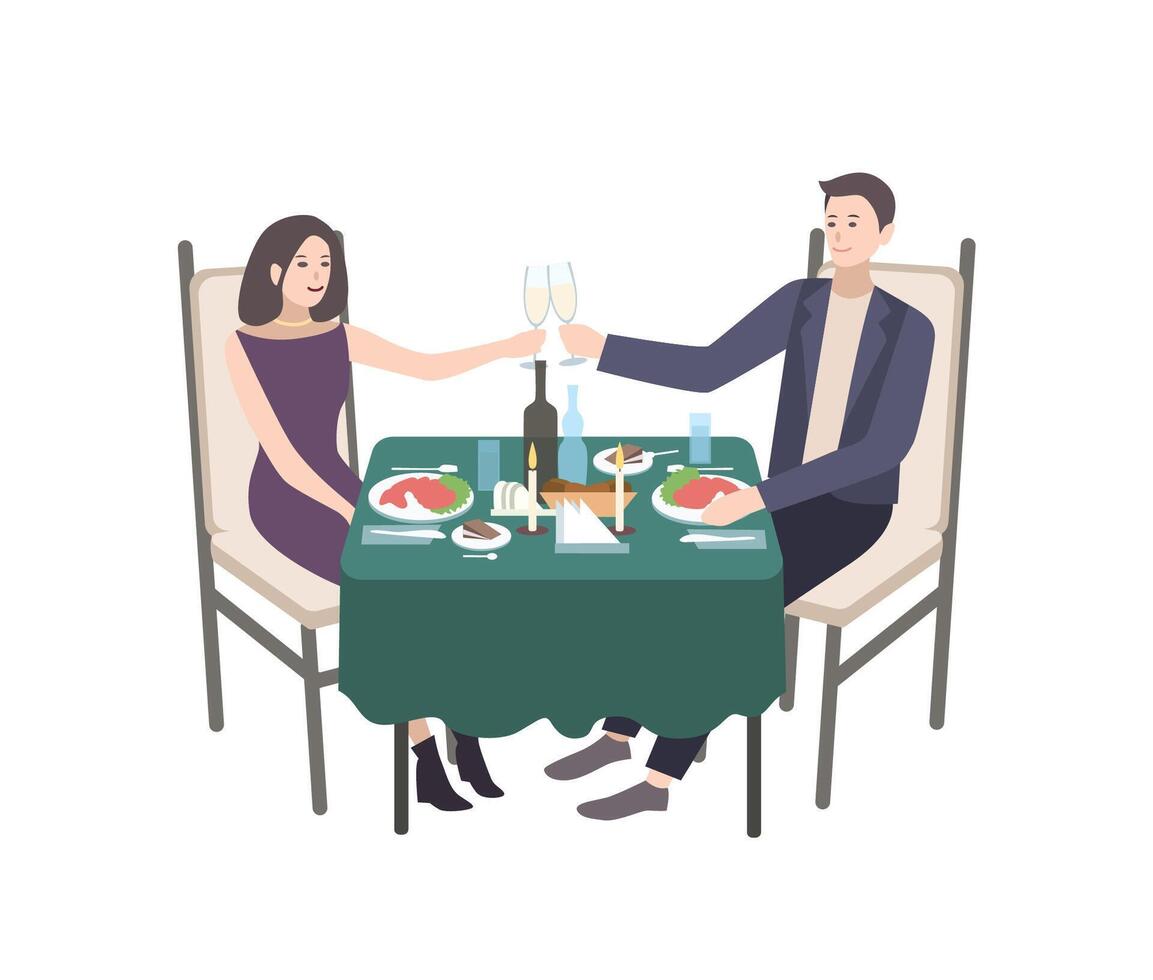 Pair of young man and woman dressed in formal clothes sitting at table decorated by tablecloth and candles and clinking champagne glasses. Couple at candlelight dinner. Cartoon illustration vector
