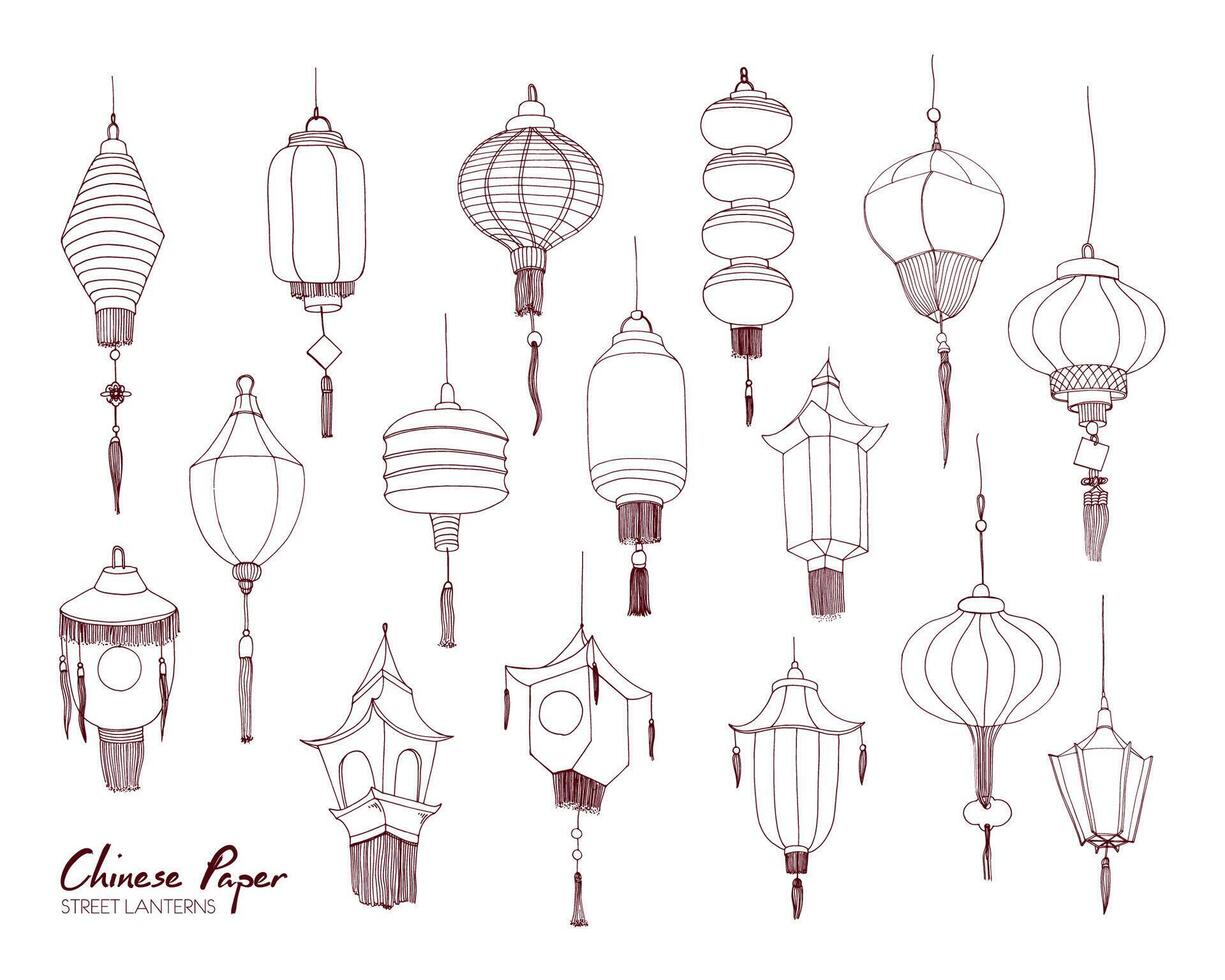 Set of Chinese paper street lanterns of different types and sizes hand drawn with contour lines. Bundle of traditional asian festival decorations isolated on white background. illustration. vector