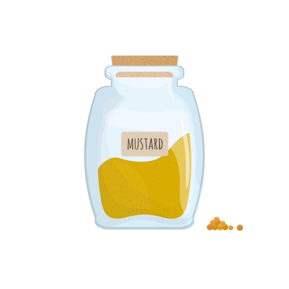 Mustard powder stored in clear jar isolated on white background. Pungent condiment, food spice, cooking ingredient in transparent kitchen container. Colored illustration. vector