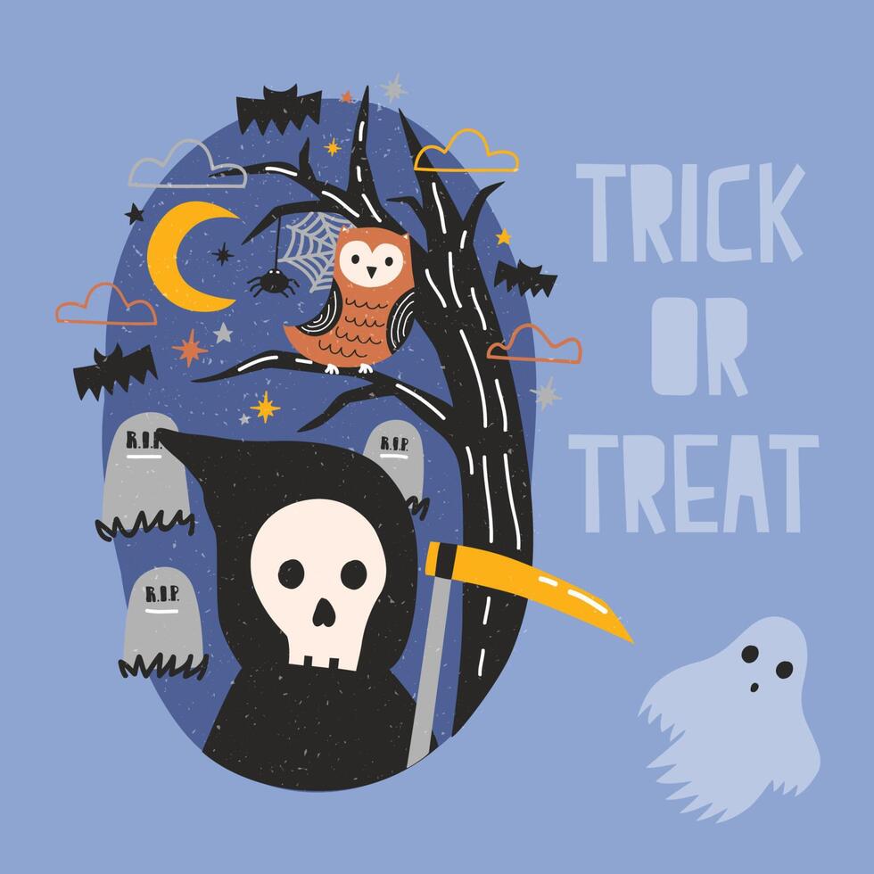 Halloween banner with Grim Reaper holding scythe, ghost, owl sitting on tree branch against graves on cemetery and starry night sky on background. Trick or treat. Cartoon festive illustration. vector