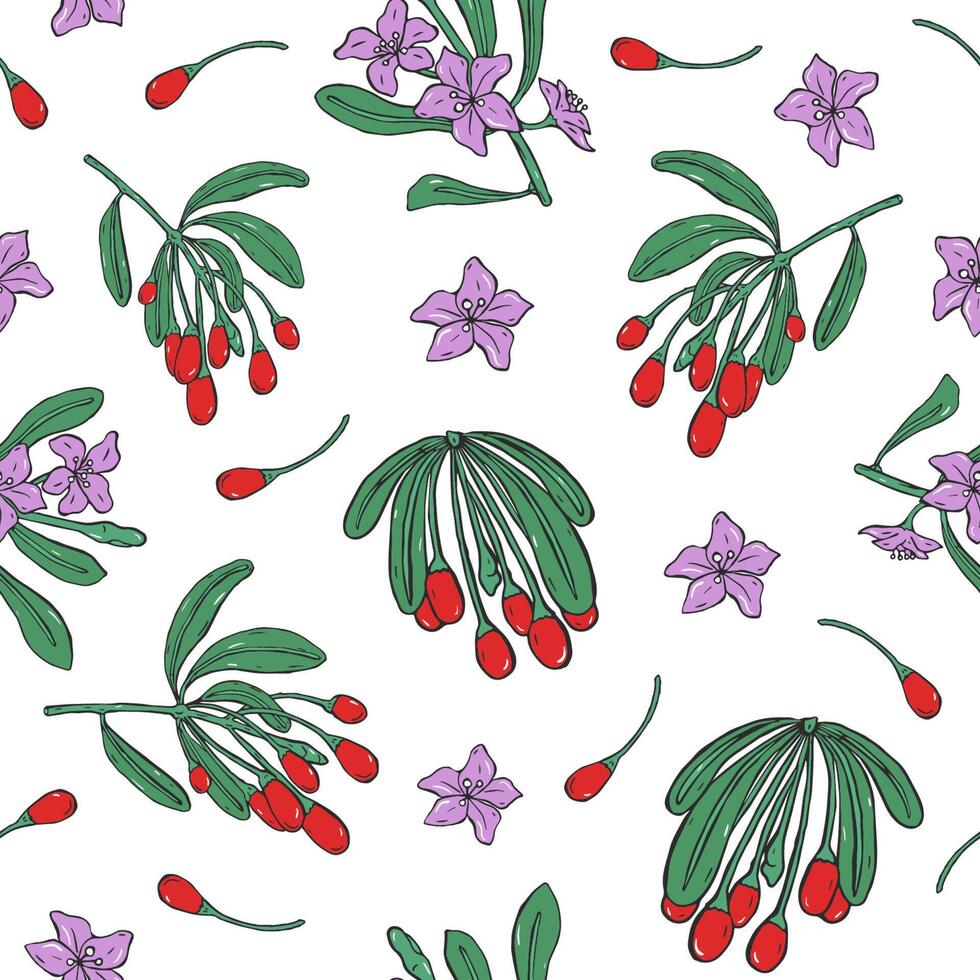 Botanical seamless pattern with fresh goji red berries and purple flowers on white background. Healthy organic superfood. Natural illustration for textile print, wallpaper, wrapping paper. vector