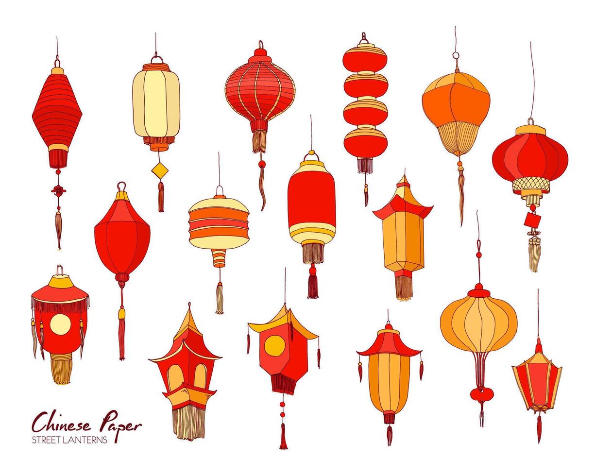 Collection of hand drawn Chinese red paper street lanterns of various shapes and sizes isolated on white background. Set of beautiful traditional asian festival decorations. illustration. vector