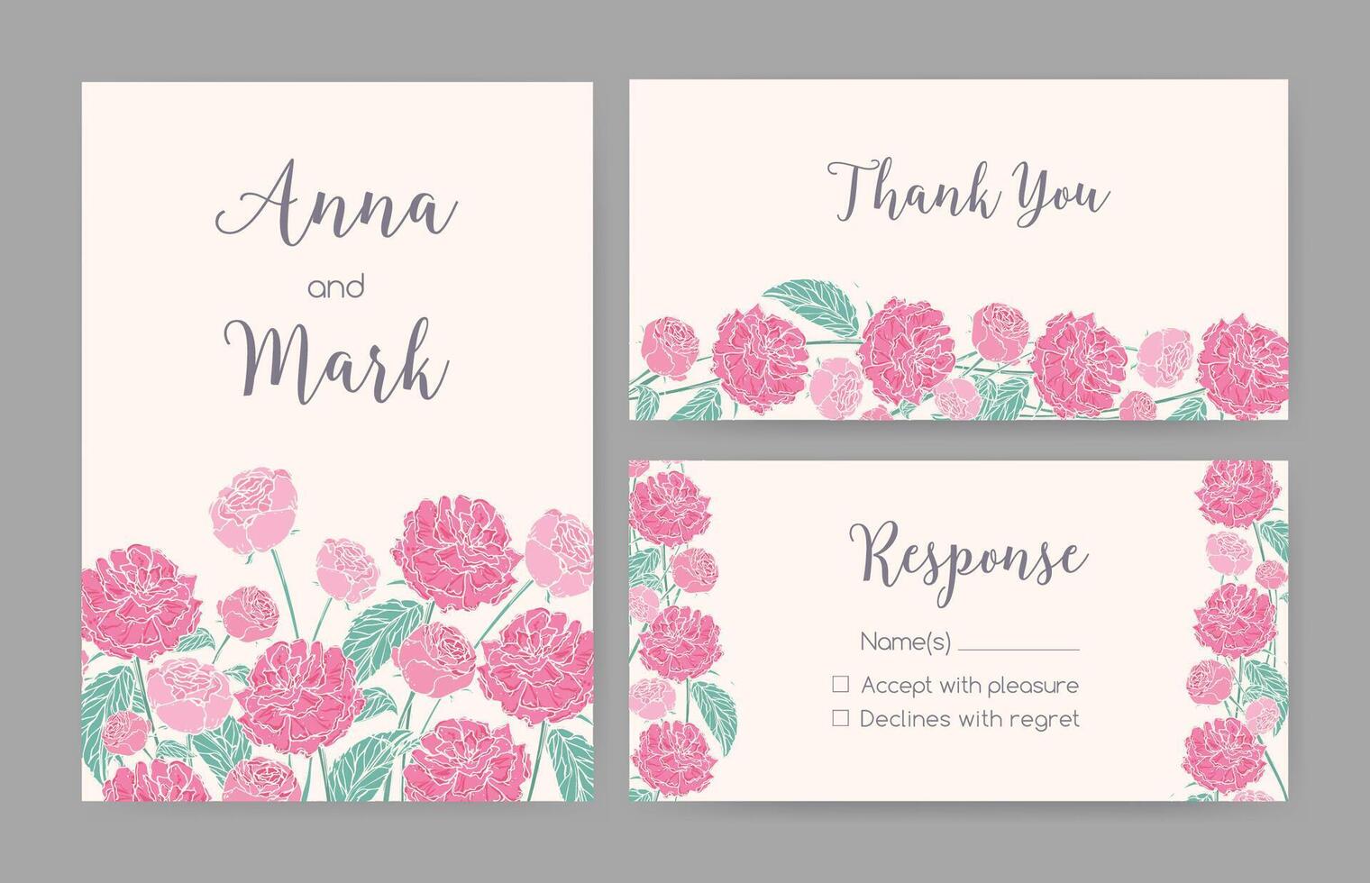 Collection of elegant templates for Save the Date card, wedding invitation or thank you note with hand drawn roses, gorgeous blooming garden flowers, floral decorations. Natural illustration. vector