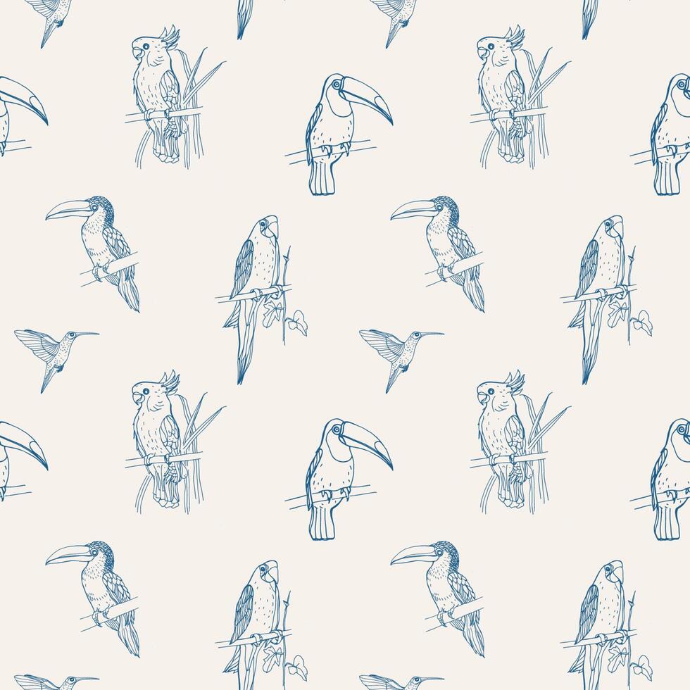Beautiful tropical seamless pattern with different exotic birds sitting on tree branches and flying on white background. Monochrome illustration for wallpaper, fabric print, wrapping paper. vector