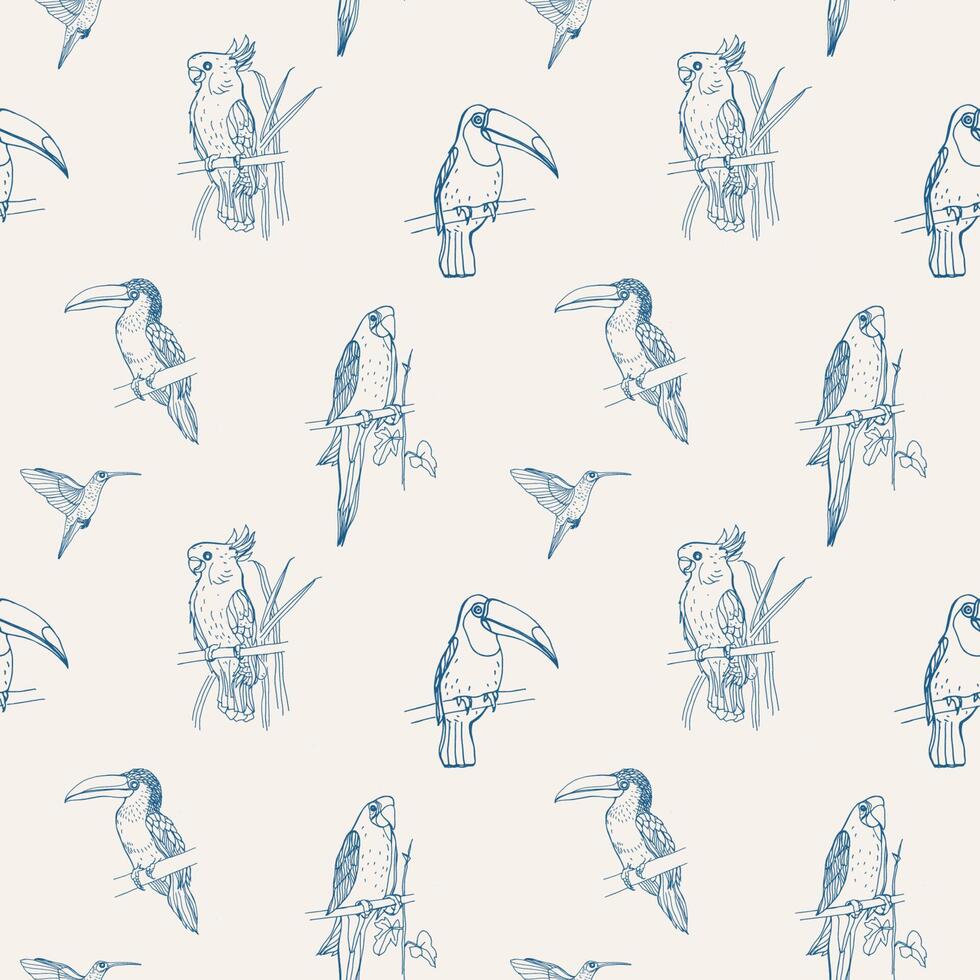 Beautiful tropical seamless pattern with different exotic birds sitting on tree branches and flying on white background. Monochrome illustration for wallpaper, fabric print, wrapping paper. vector