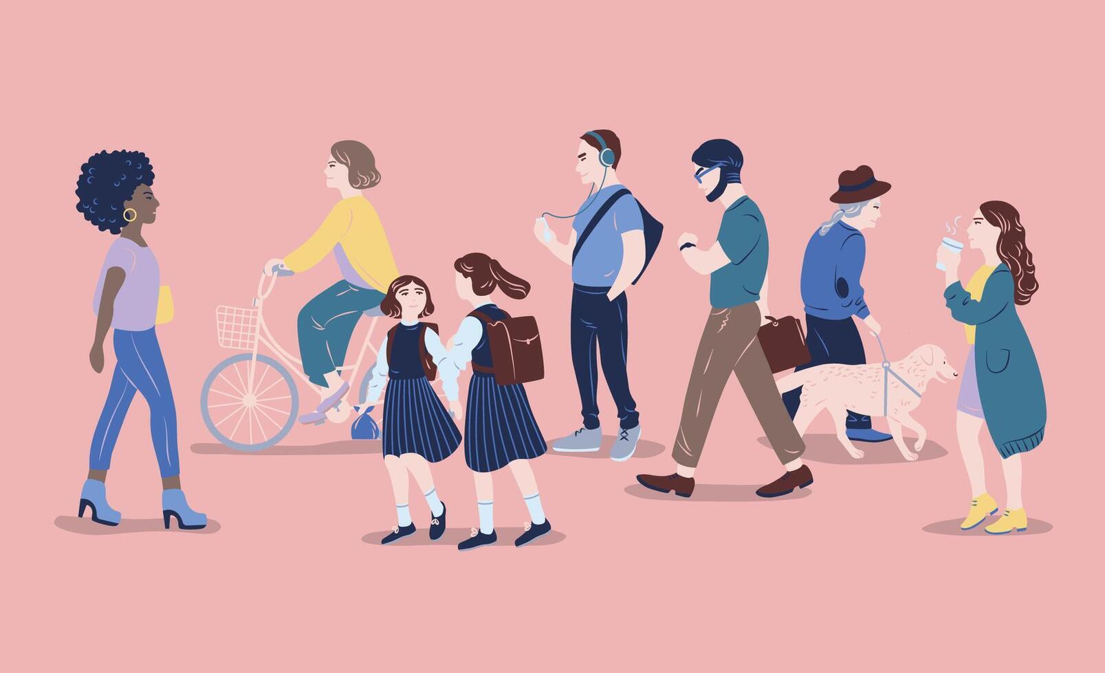 personas en calle. hombres y mujer de diferente años paso por, caminando, de pie, montando bicicleta, escucha a música. moderno ciudad habitantes, urbano estilo de vida. mano dibujado ilustración. vector