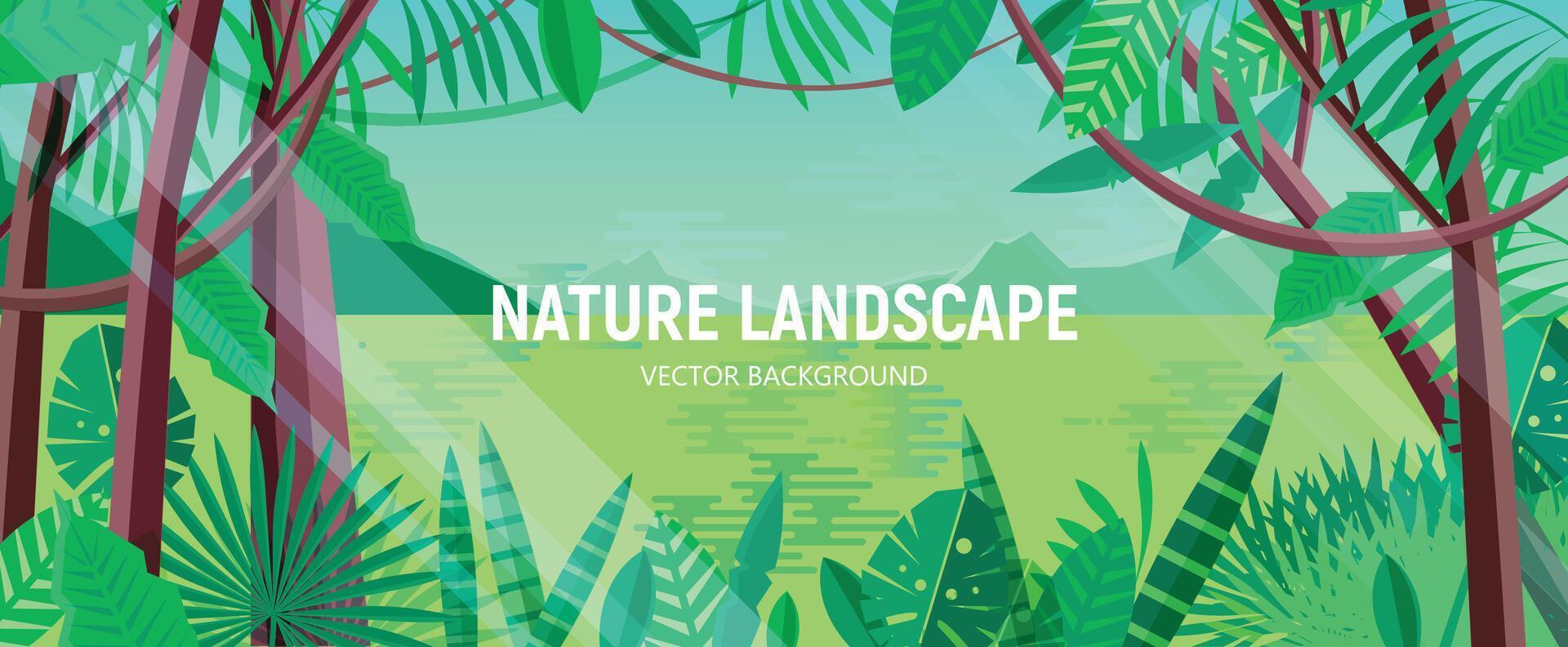 Beautiful landscape with green leaves of tropical trees and plants growing in exotic rainforest or jungle against lake, hills and sky on background. Horizontal backdrop. Cartoon illustration. vector