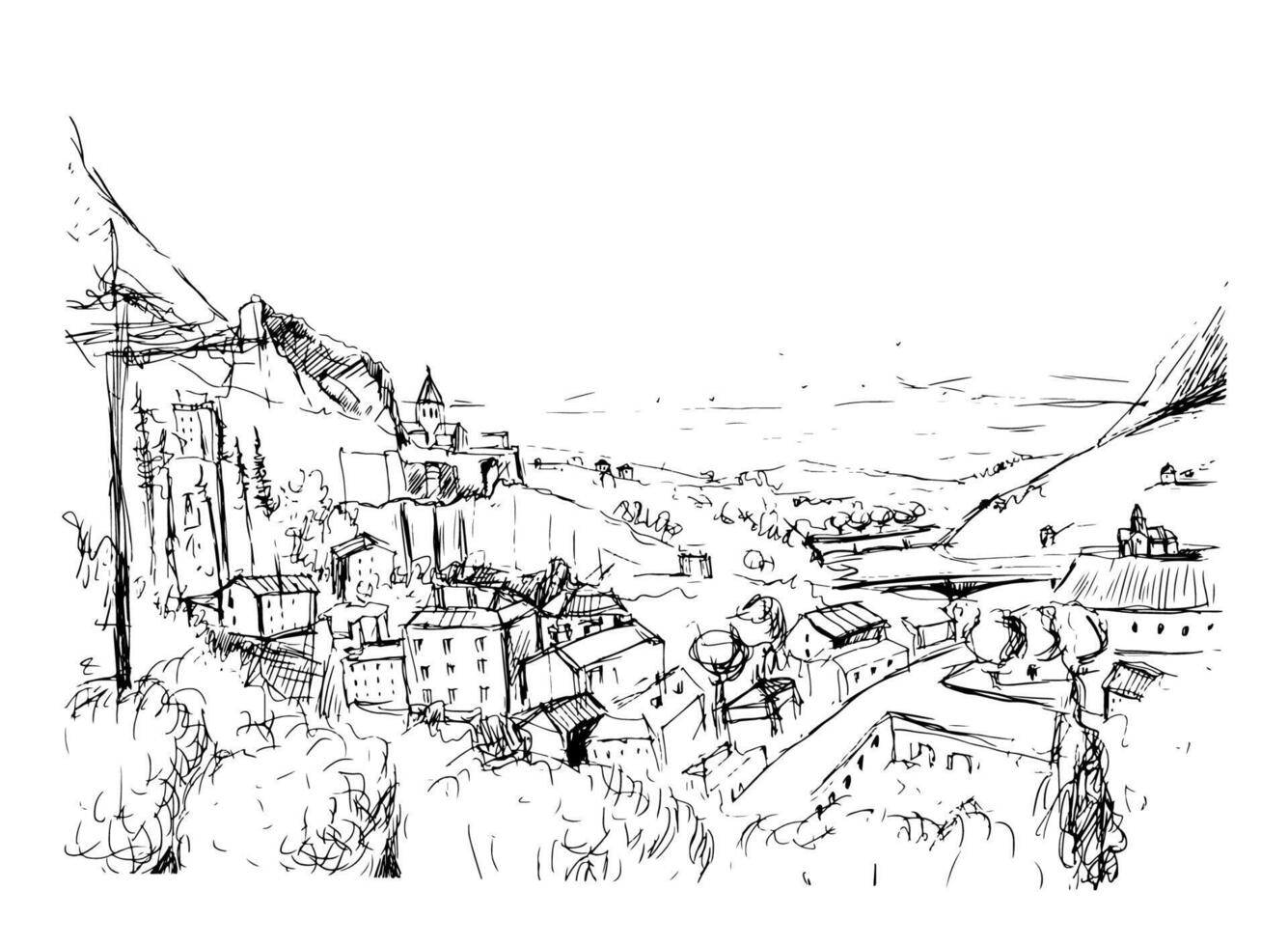 Remarkable Georgian landscape sketch. Black and white hand drawn outline illustration. vector