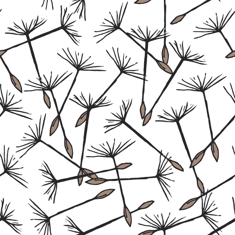 Seamless pattern with flying dandelion seeds or achenes on pappuses drawn on white background. Natural illustration with flower parts for backdrop, textile print. vector