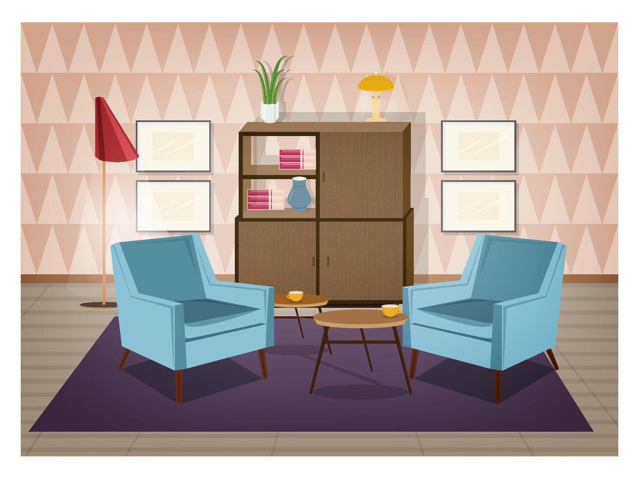 Interior of living room furnished in retro style. Old fashioned furniture and home decorations - armchairs, carpet, coffee table, sideboard, floor lamp, wall pictures. Cartoon illustration. vector