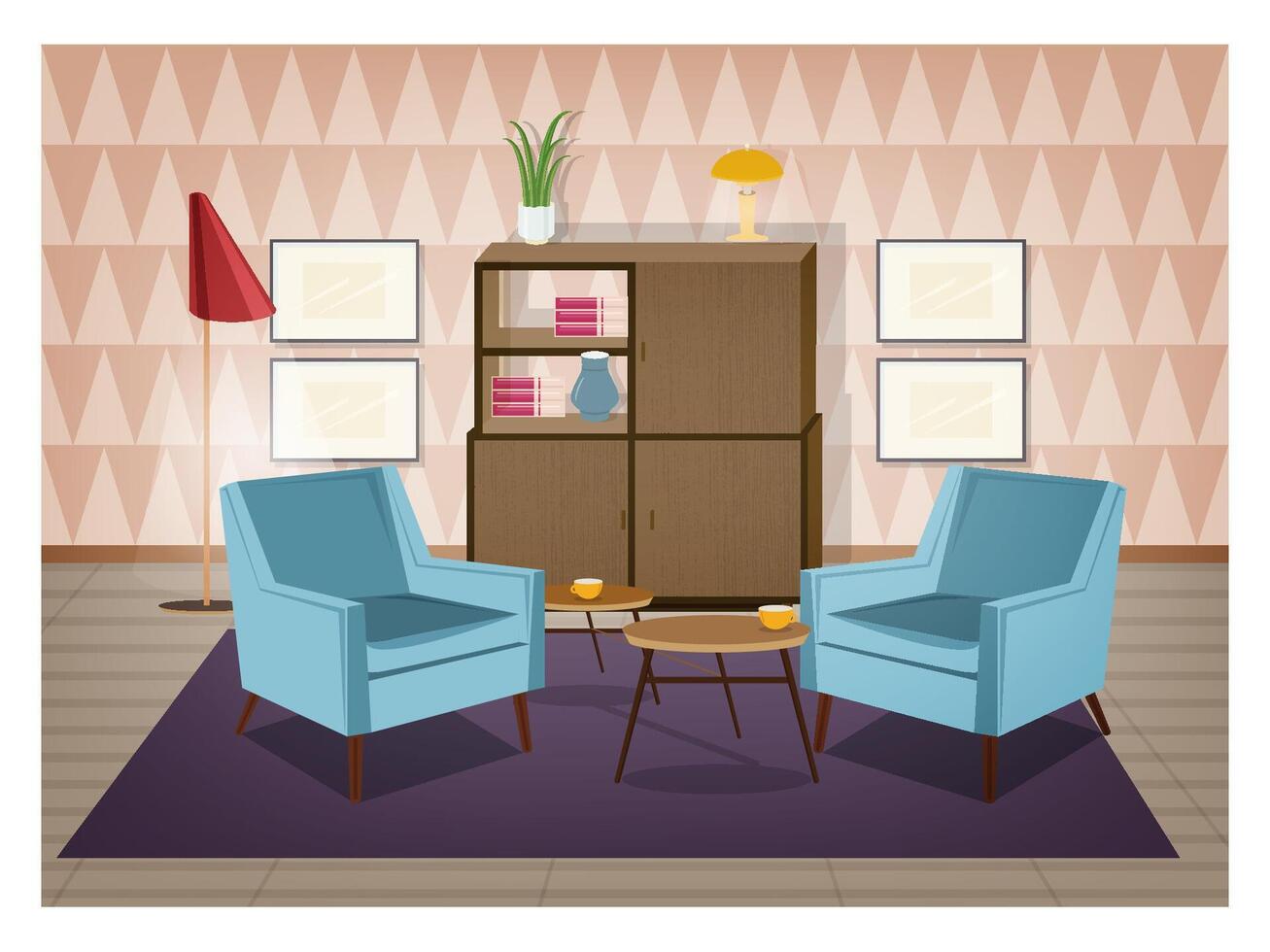 interior de vivo habitación amueblado en retro estilo. antiguo pasado de moda mueble y hogar decoraciones - sillones, alfombra, café mesa, aparador, piso lámpara, pared fotos. dibujos animados ilustración. vector