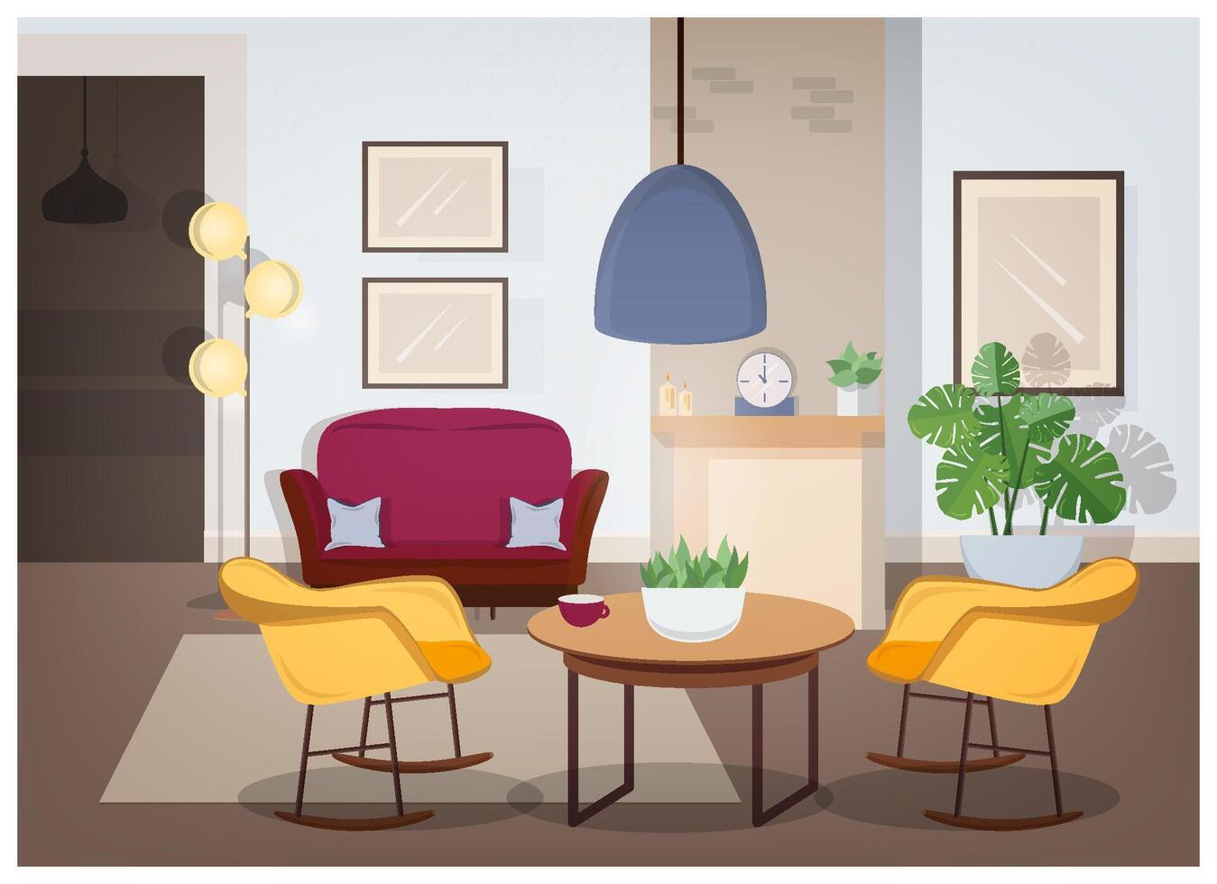 moderno interior de vivo habitación con cómodo mueble y de moda hogar decoraciones - sofá, sillones, alfombra, café mesa, casa plantas, piso lámpara, pared fotos. de colores ilustración. vector