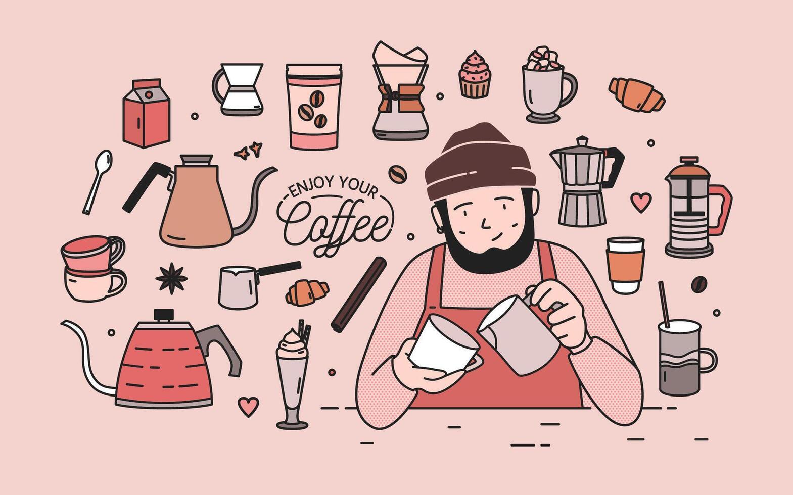 Man with beard wearing hat and apron surrounded by desserts, spices and tools for coffee brewing - french press, moka pot, turkish cezve, kettle with long spout. illustration in line art style. vector