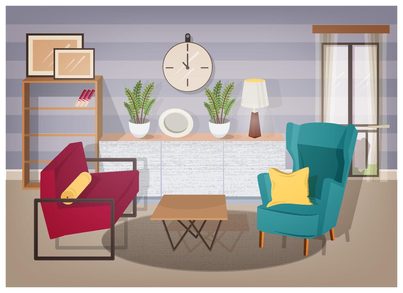 Stylish interior of living room full of modern furniture and home decorations - comfy armchairs, coffee table, shelving with books, houseplants, lamp, wall pictures. Colorful illustration. vector