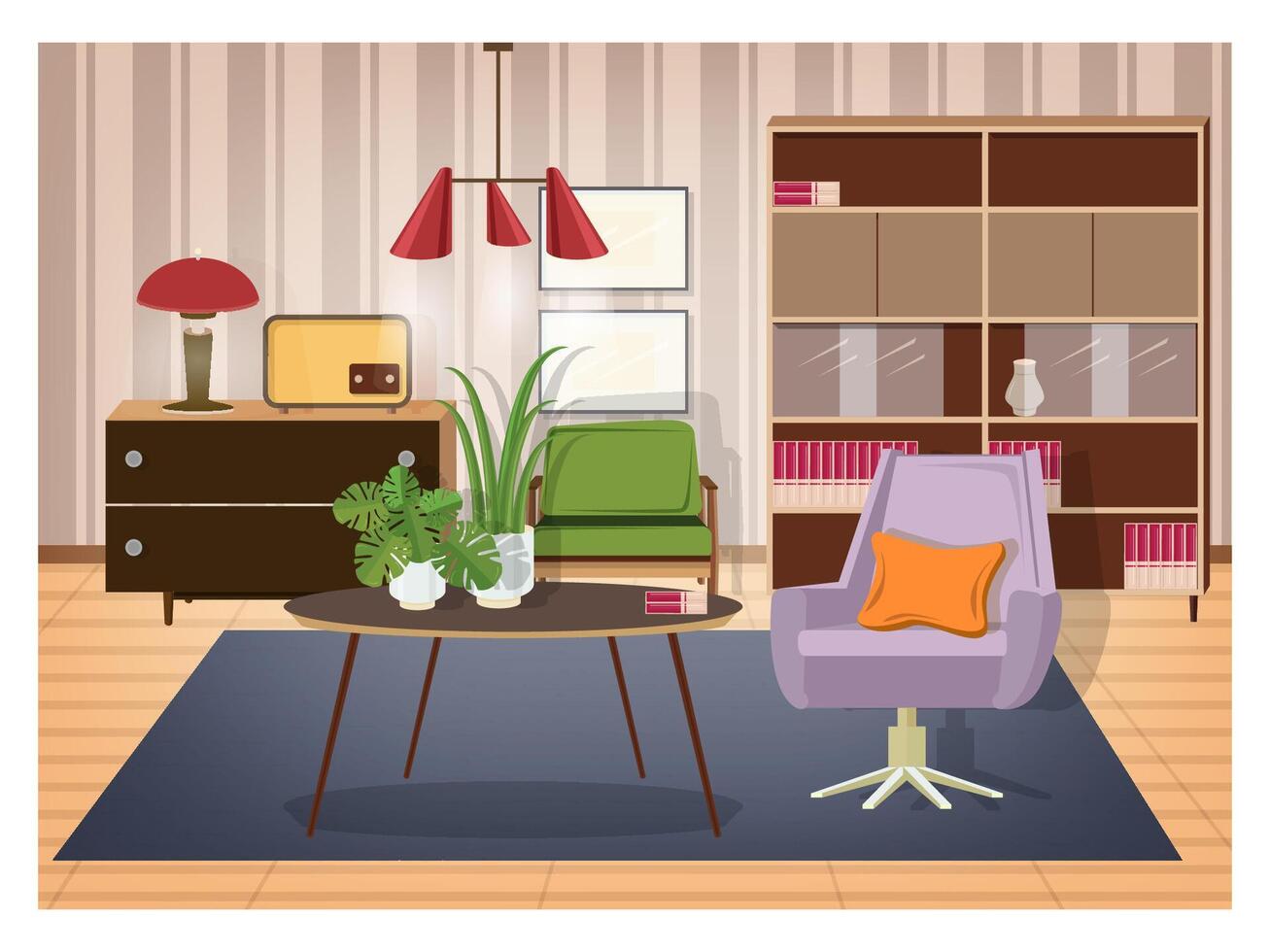 Colorful interior of living room furnished in old fashioned style. Retro furnishings and decor - swivel armchair, coffee table, lamp, radio transmitter, sideboard, pendant light. illustration. vector