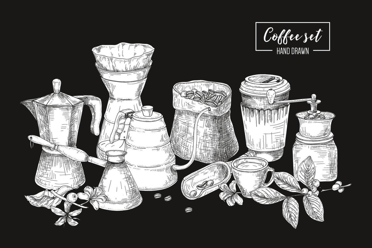 Collection of tools for coffee brewing in black and white colors - moka pot, turkish cezve, kettle with long spout, glass dripper, grinder. Monochrome illustration in vintage engraving style. vector