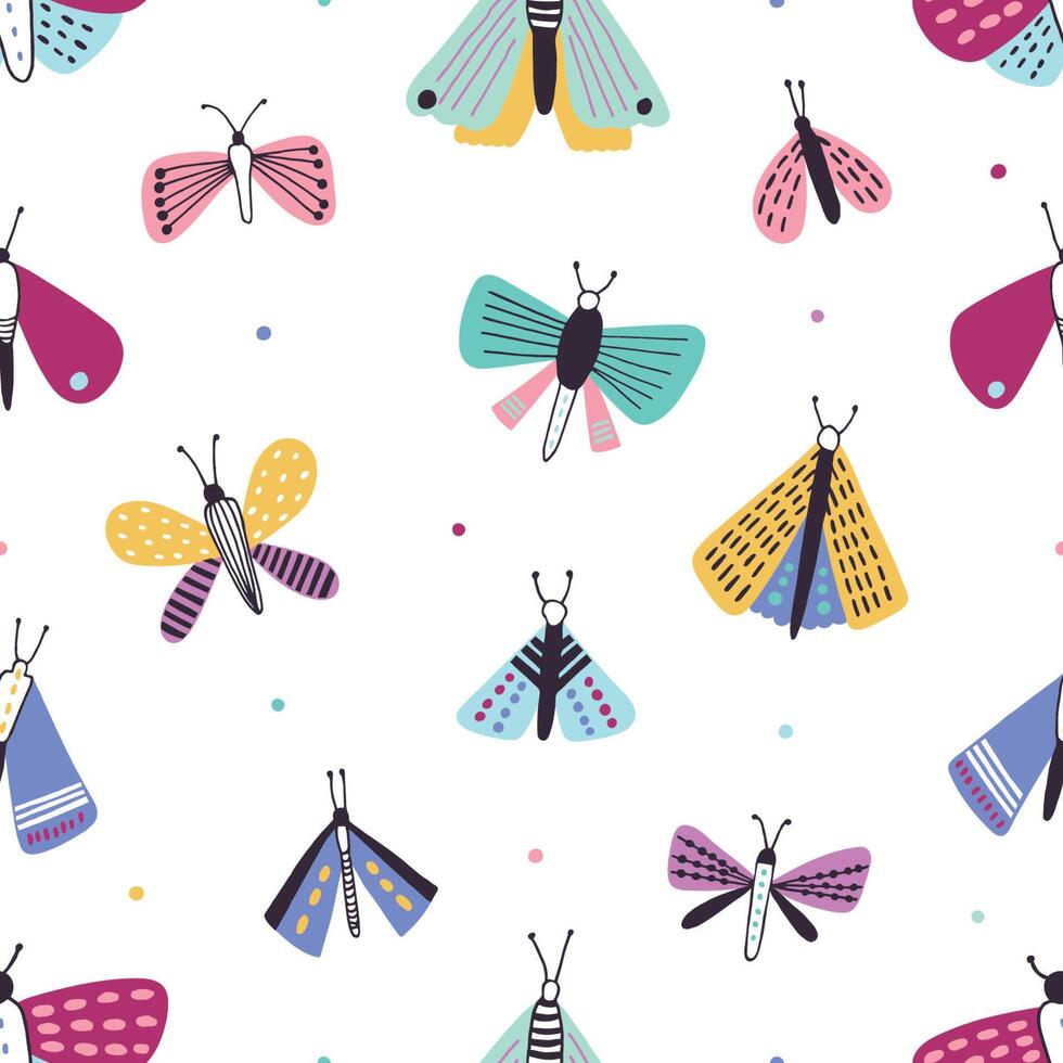 Beautiful seamless pattern with colorful cartoon moths on white background. Bright colored butterflies, flying insects. illustration for textile print, wallpaper, backdrop, wrapping paper. vector