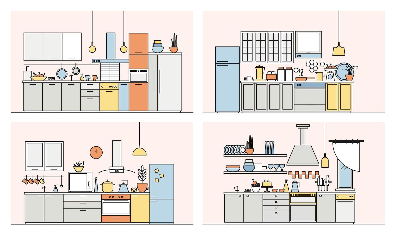 Collection of kitchens full of modern furniture, household appliances, cookware, cooking facilities and home decorations. Set of elegant interiors drawn in line art style. illustration. vector