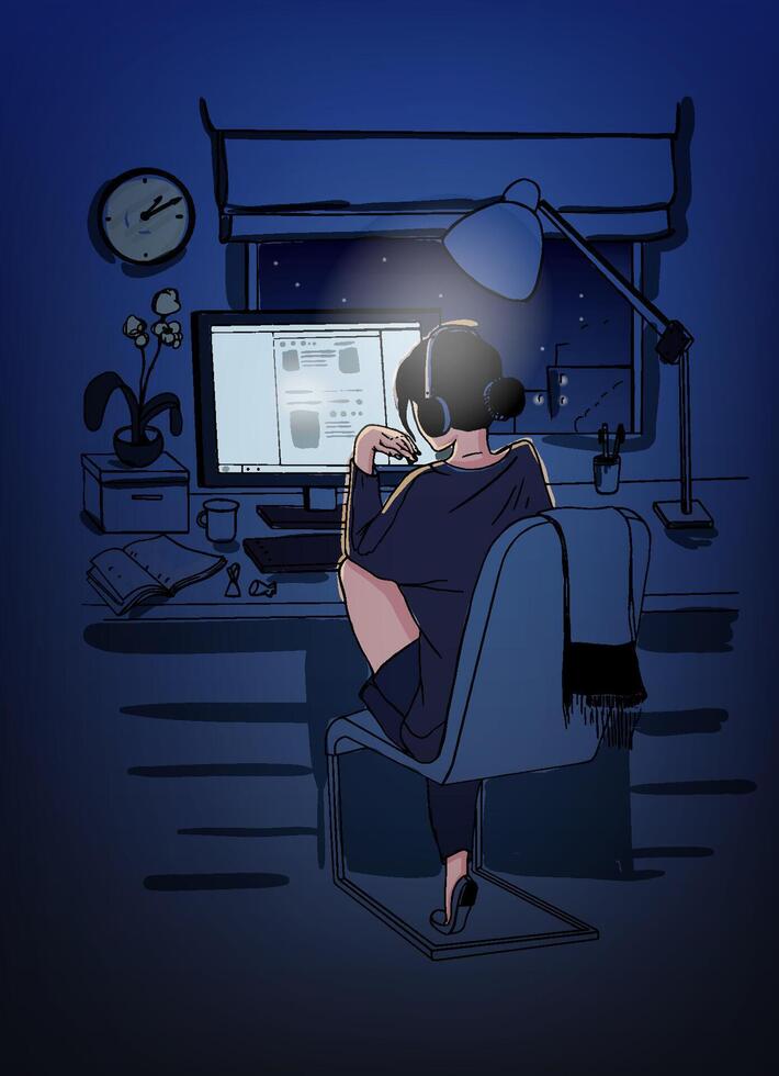 Young freelancer woman sitting at computer in dark room and working during night time. Student preparing for examination at home. Concept of overnight work. Colorful hand drawn illustration. vector