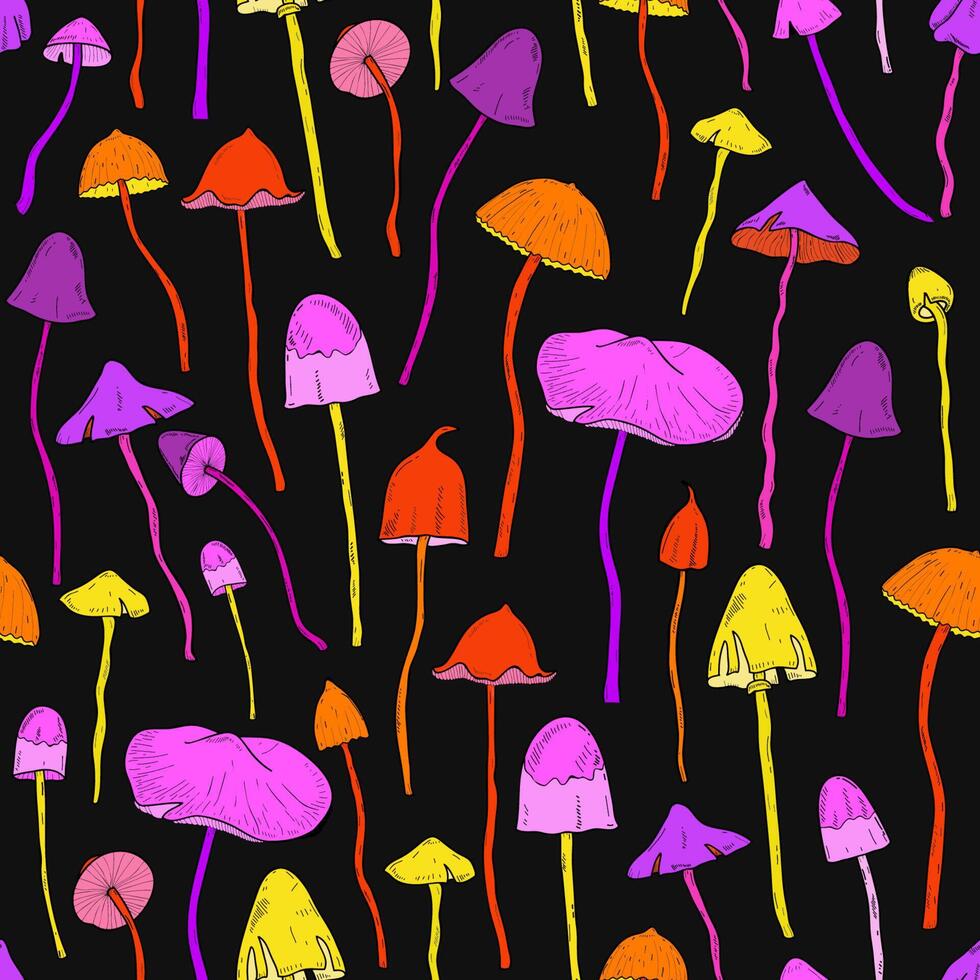 Bright colored seamless pattern with hand drawn Psilocybin or hallucinogenic magic mushrooms on black background. Natural illustration in acid colors for textile print, backdrop, wallpaper. vector