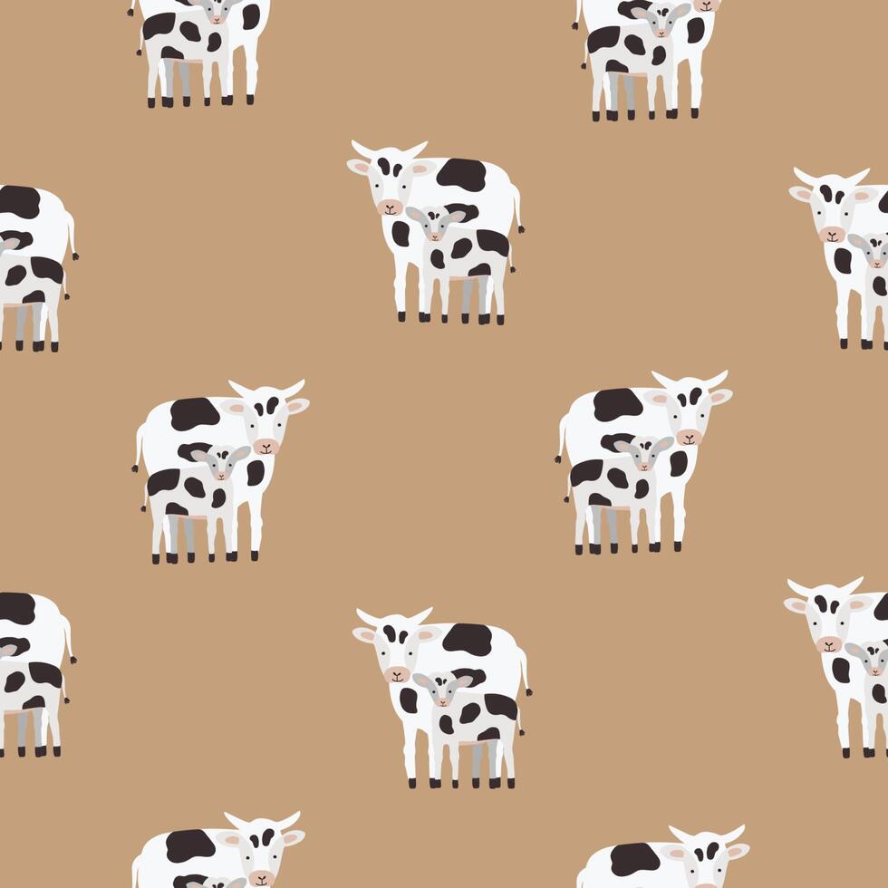 Seamless pattern with cow and calf coated in black and white patches. Backdrop with cute cartoon animals on brown background. Colorful illustration for textile print, wallpaper, wrapping paper. vector