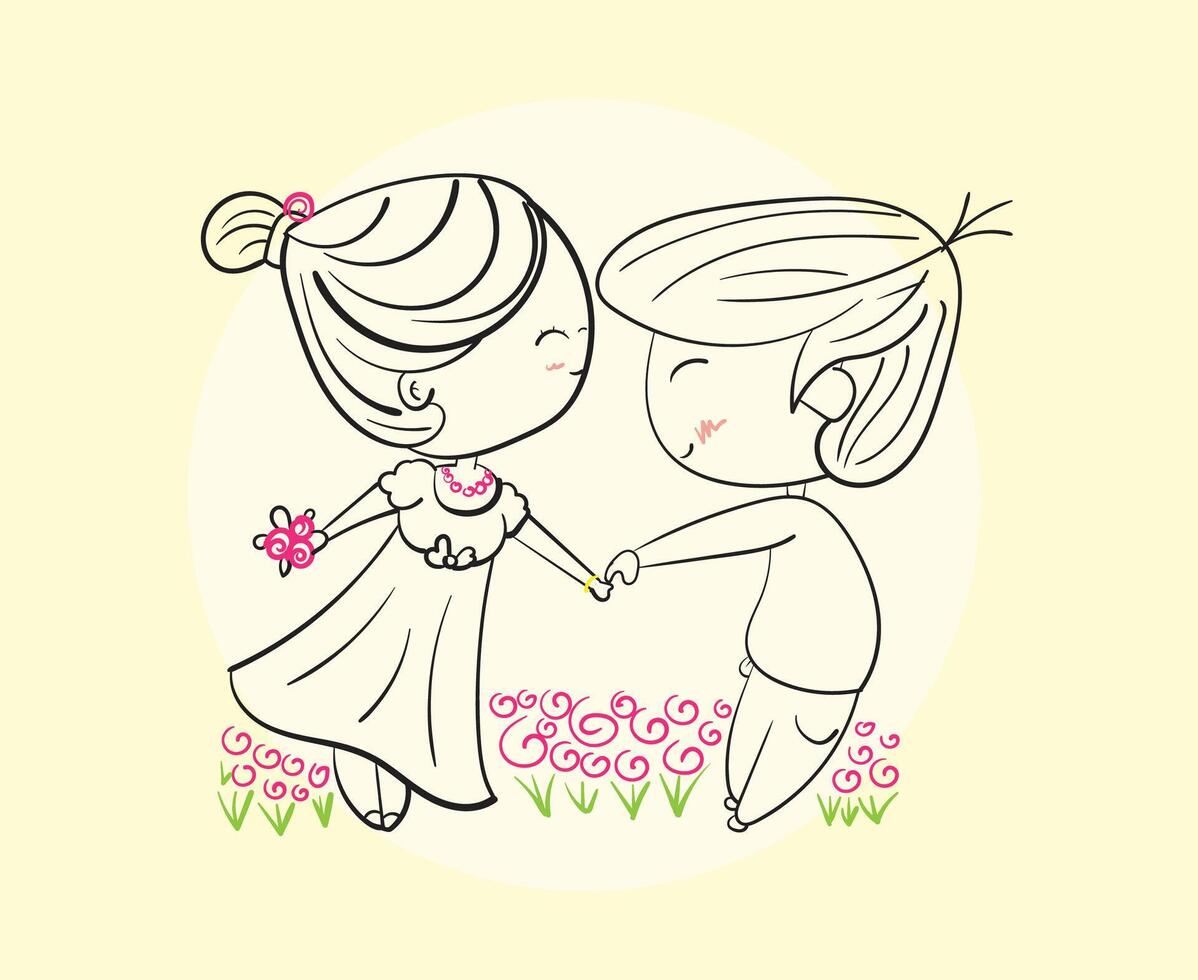 Happy couples dancing on bright days, Hand drawn Illustration in sketch doodle style. vector