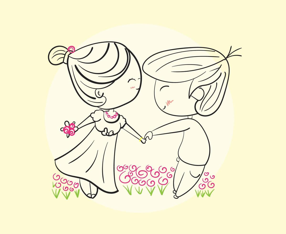 contento parejas bailando en brillante días, mano dibujado ilustración en bosquejo garabatear estilo. vector